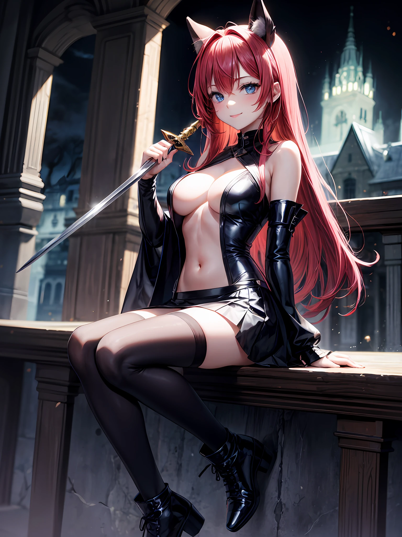 最好质量、One girl、Long red hair、Blue eyes、Dark eyes、Small face、a smile、Black eye patch、Black attire、Show your chest、Pink mini skirt、Black tights、Black platform boots、large tits、Constriction、thights、beauty legs、Navel、holding swords、gloomy lighting、by night、in a castle、No people、Background blur、A masterpice