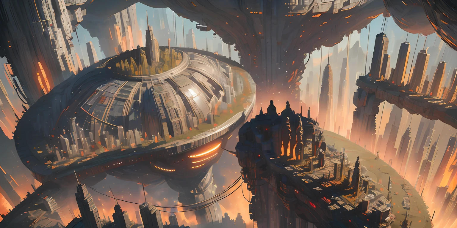 DBfantasyart, 8K resolution, sharp, abandoned shipyard, fleet of ships, overgrowth, ocean metropolis, beautiful sky, megacity, tree roots