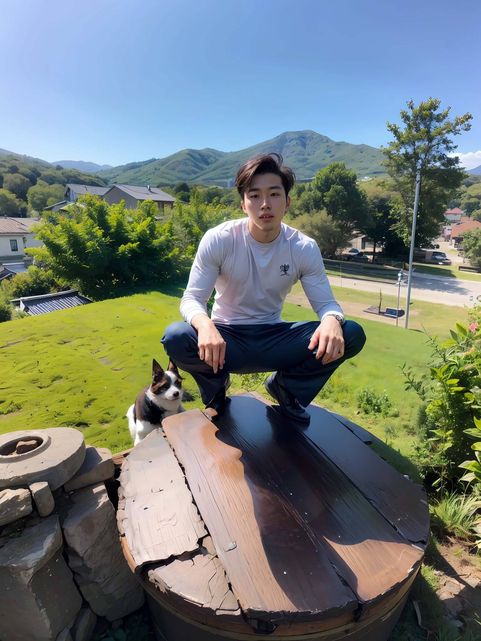 A Young Korean man , 1boy, white skin , detailed skin, 1boy, ((realistic)), abs, good lighting quality, muscle veins, ((pale skin)), footballer, (masterpiece, ultra quality, high resolution, 8k, intricate:1.2), (detailed face:1.2), handsome, , bulge, 1boy,solo, (masterpiece, best quality:1.2), solo, male focus, 1boy, expressionless, looking at viewer, squatting, short hair, (streaked hair:1.1), red eyes, spider suit, spider web print, spider web, rooftop, balance eyes