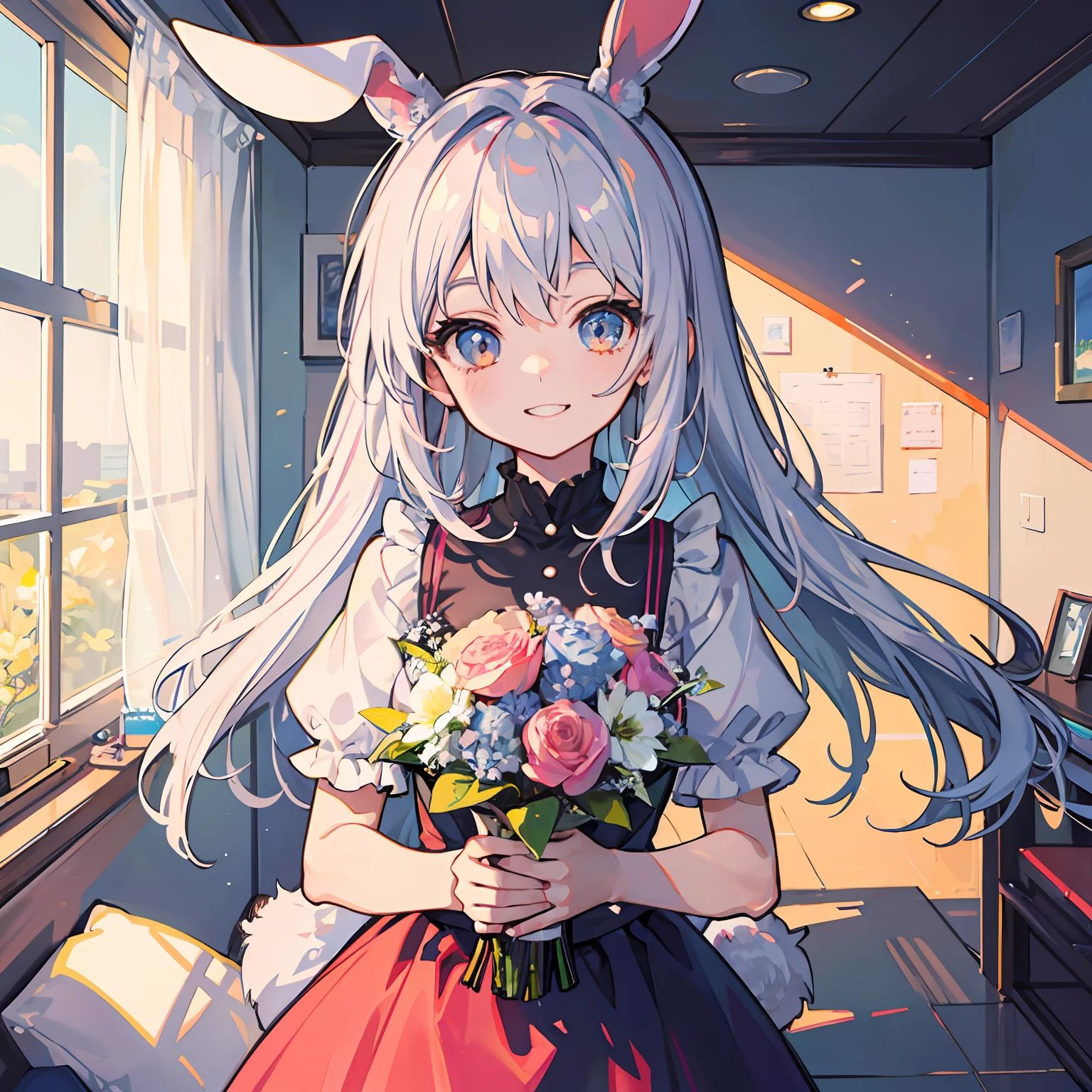 Rabbit-eared girl Have a colorful bouquet a smile the morning sun
