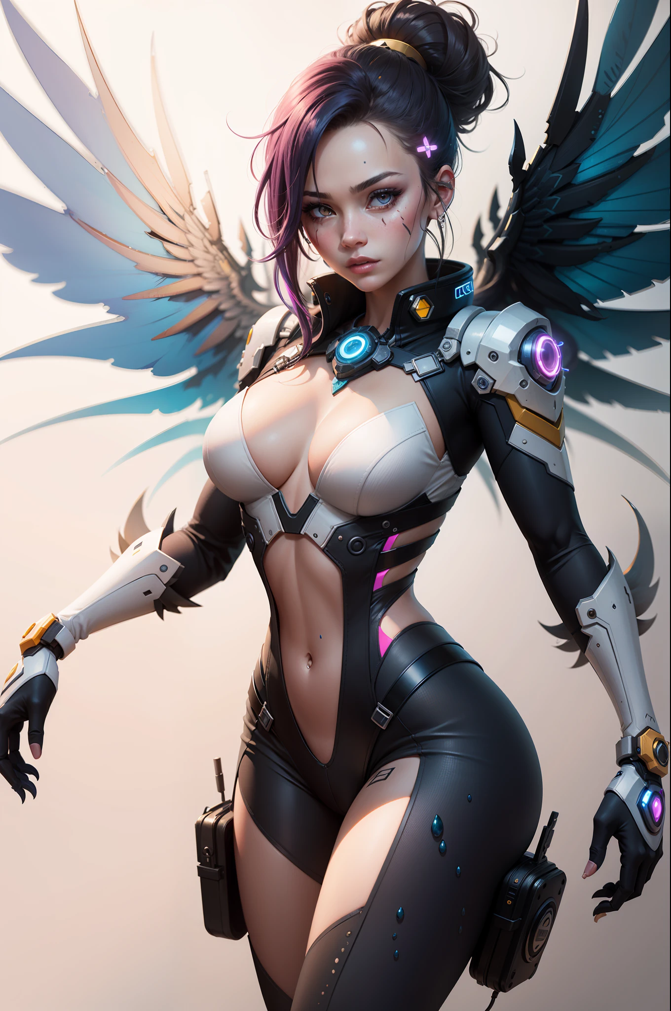 Cyber punk girl, fantasy world, dark background, overwatch, clean design, epic Instagram, artstation, splash of colorful paint, contour, hyperdetailed intricately detailed, unreal engine, fantastical, intricate detail, splash screen, complementary colors, fantasy concept art, 8k resolution, deviantart masterpiece, oil painting, heavy strokes, paint dripping,(isolated on white background:1.3), rainbow skin,