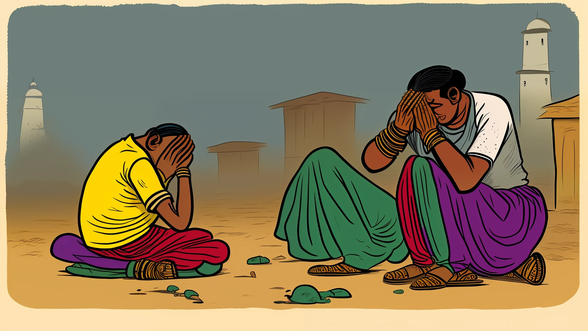 A indian man weeping in village in cartoon