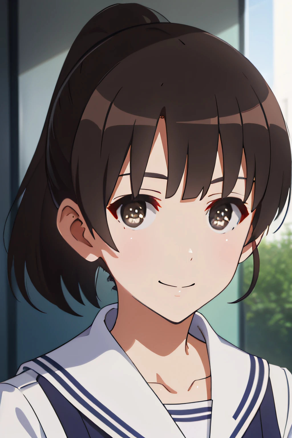 (masterpiece:1.6, best quality), (finely detailed beautiful eyes: 1.2), ph_katou, katouhdshort, 1girl, phground, , solo, brown hair, school uniform, brown eyes, ponytail, short hair, bangs, smile, collarbone, serafuku, sailor collar, long sleeves, indoors, closed mouth, ribbon,