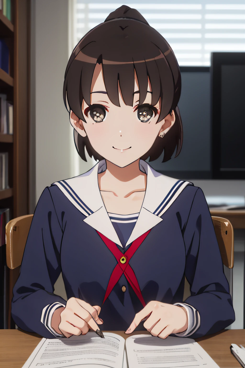 (masterpiece:1.6, best quality), (finely detailed beautiful eyes: 1.2), ph_katou, katouhdshort, 1girl, phground, , solo, brown hair, school uniform, brown eyes, ponytail, short hair, bangs, smile, collarbone, serafuku, sailor collar, long sleeves, indoors, closed mouth, ribbon,