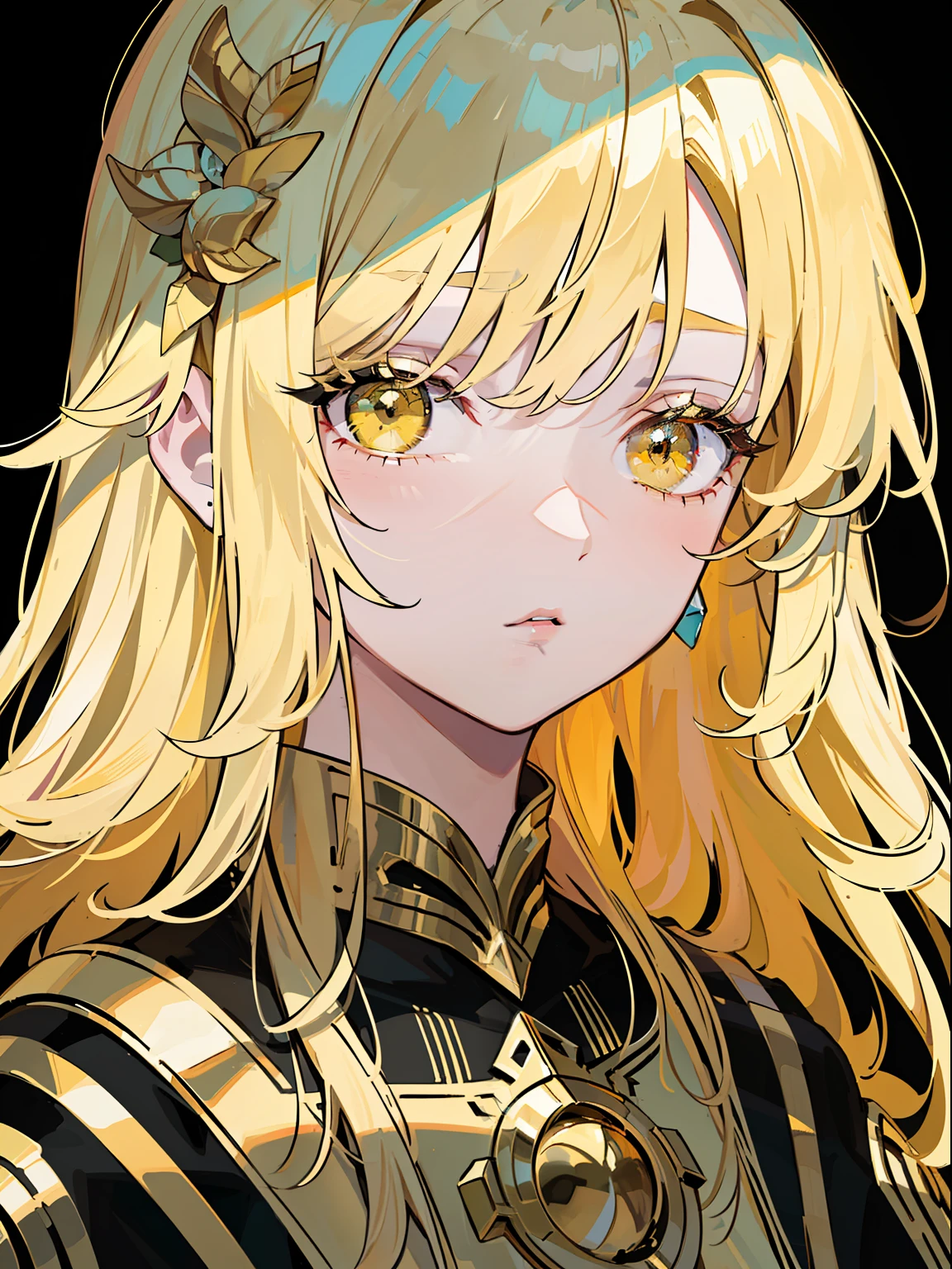 (Gustav Klimt style:1.05), ((masterpiece)), (((best quality))), (illustration | simple lighting), intricate, 8k, HD, FXAA, (absurdres), (simple shadows), ((simple shading)), (golden hair | long hair | hair ornaments), ((lifeless look, empty look)), yellow eyes, (yellow eyelashes:1.0), (colored eyelashes), (long yellow dress:0.9)