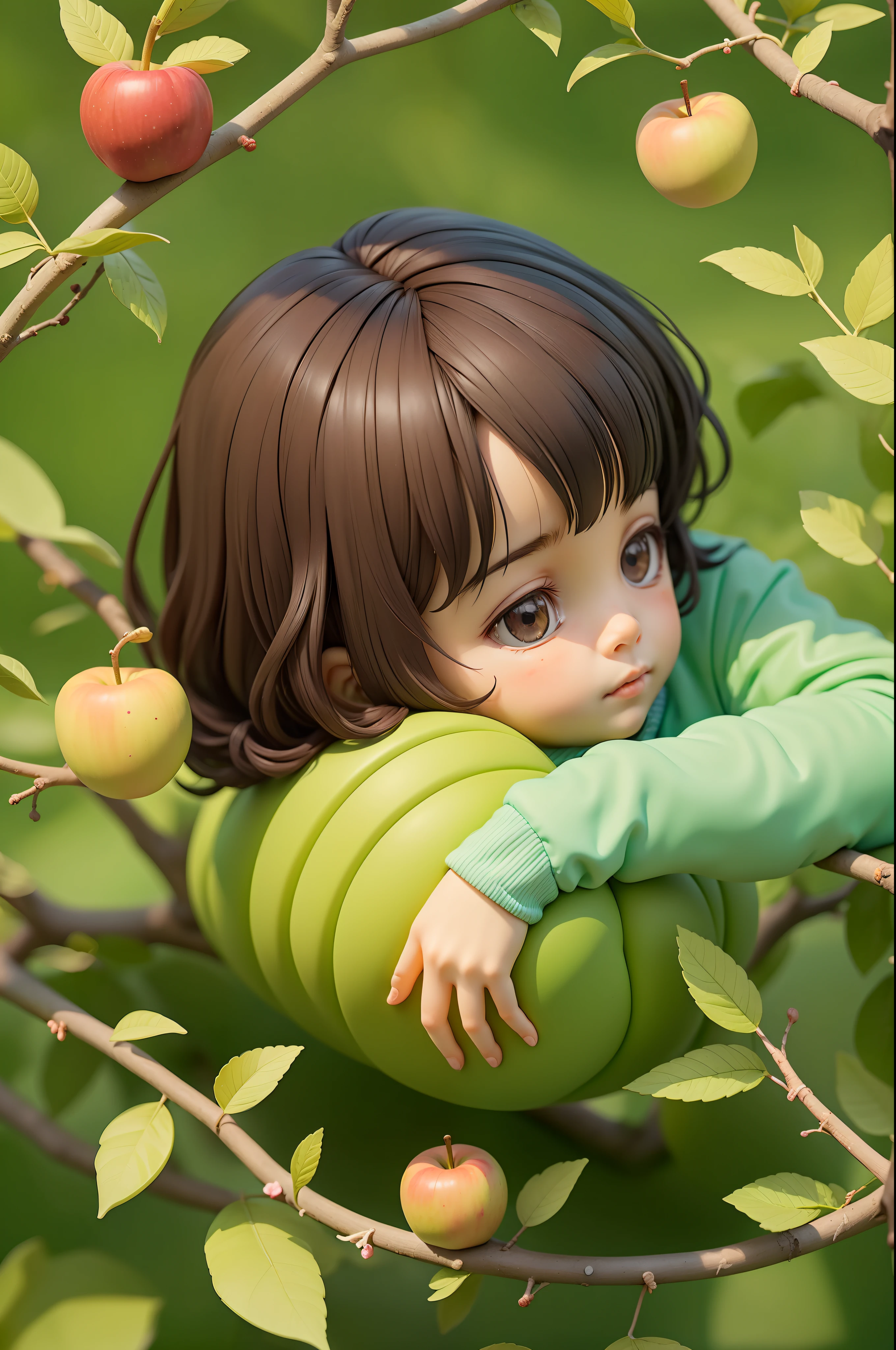 Cute little boy，dolls，Lying on an apple tree，Laid back，Cool