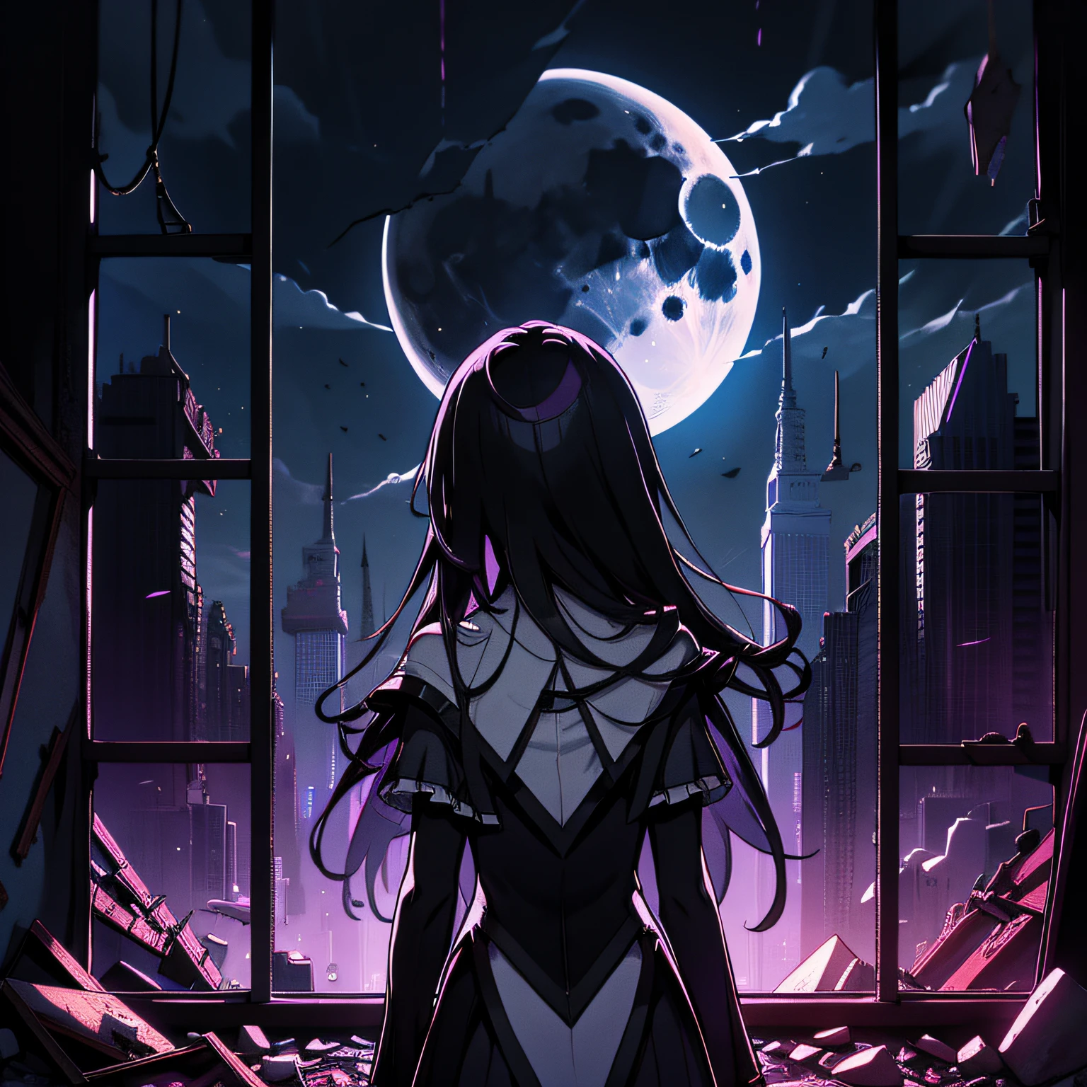 walk、Abandoned buildings、Night、moonlit、black haired、long haired、Red eyes、Top image quality、beste Quality、ultra-highres、masterspiece、only girl、Window、full moon