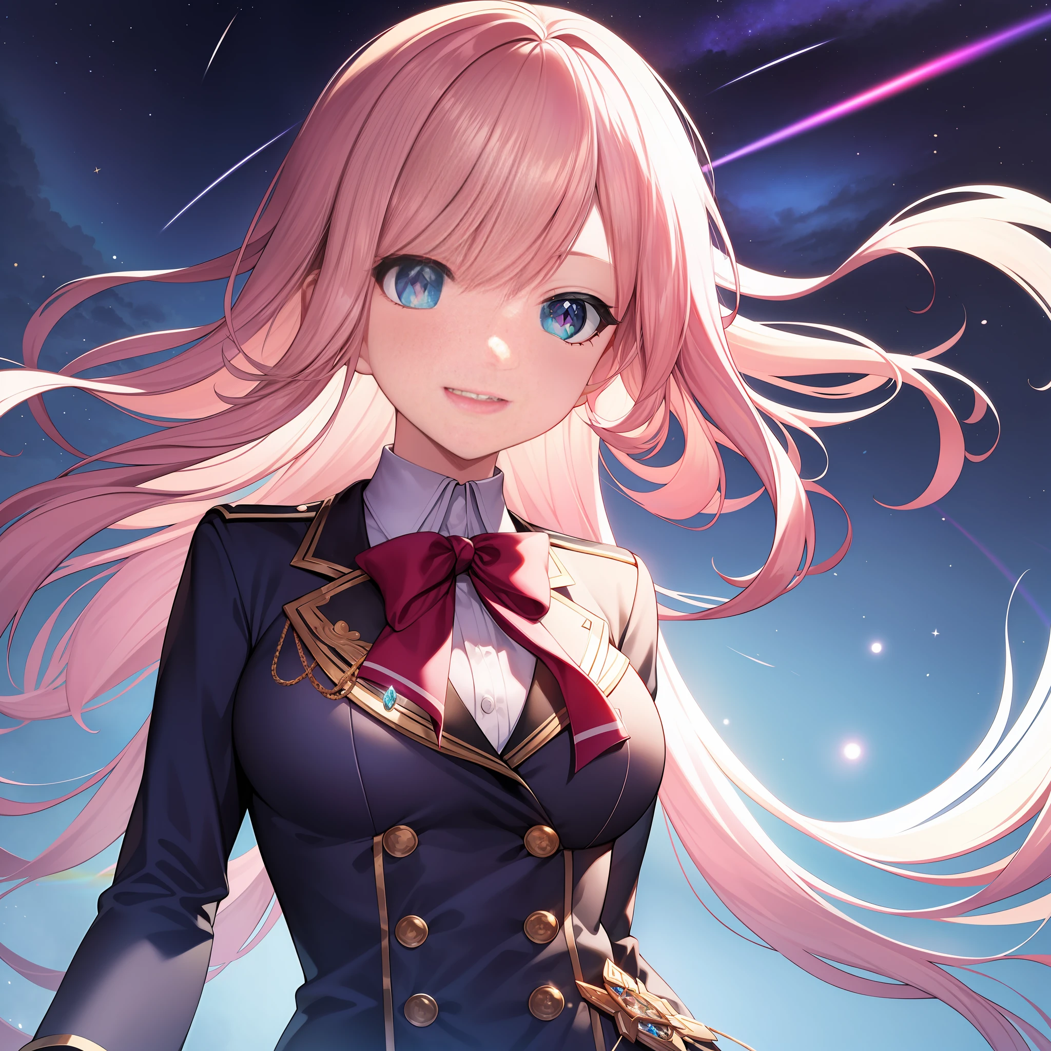 chest out, absurdres, superfine illustration,rainboweffect, highres, ultra detailed,light diffusion,highly detailed light reflection, kaleidoscope, harmonious, best shadow, highly detailed very beautiful big smile face, ;D, beautiful growing crystal diamond star pupil,look at viewer, beautiful detailed hair, solo, dynamic pose, beautiful detailed pink and black ribon, beautiful detailed High school uniform, Fantastic and the whole shines and shooting star and the wind is strong in detail background