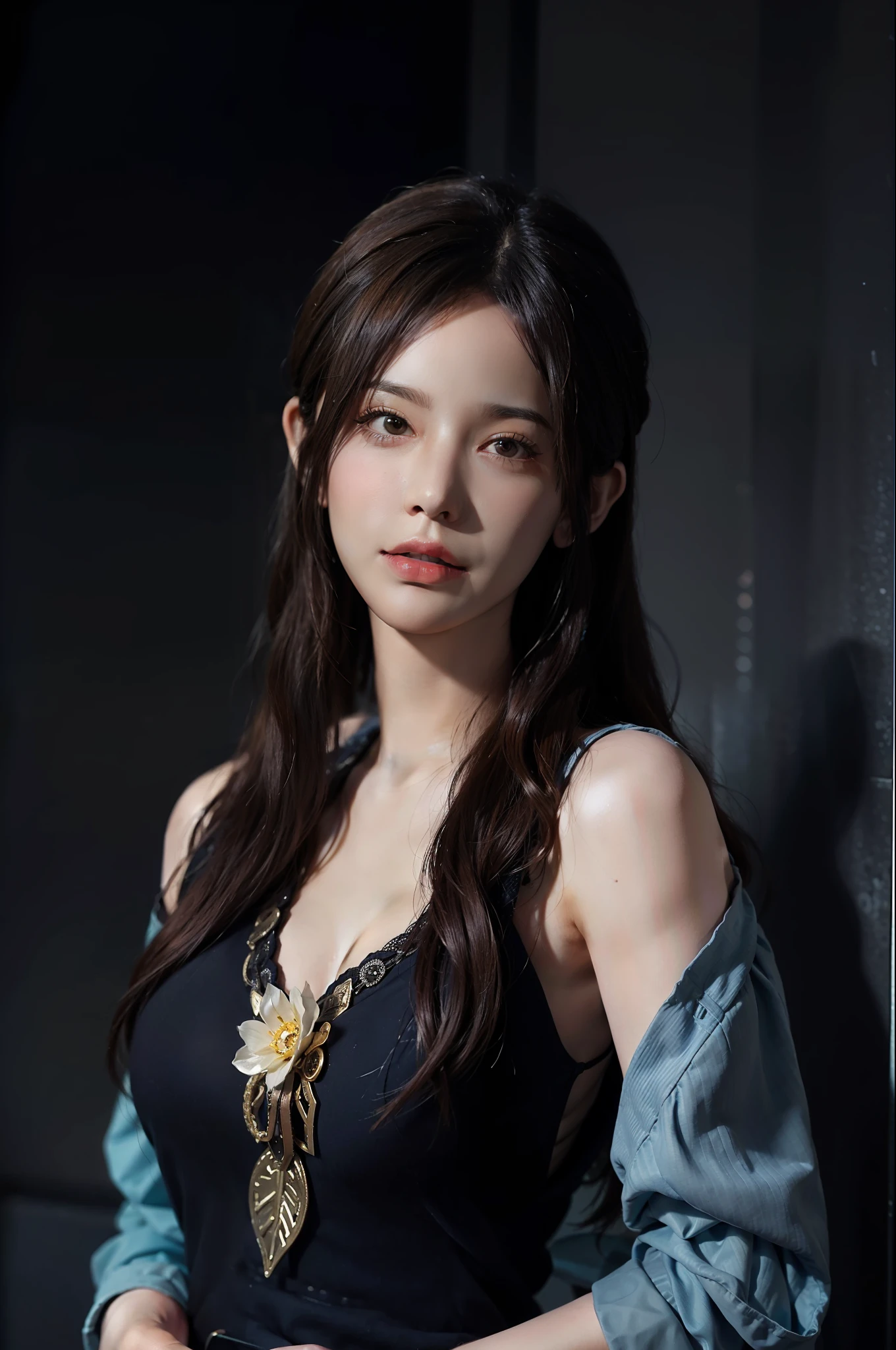 Hyperrealist portrait of female by david hockney and alphonse mucha,fantasy art, photo realistic, dynamic lighting, artstation, poster, volumetric lighting, very detailed faces, 4 k, award winning,, 1girl, in the dark, deep shadow, low key,cowboy shot,(official clothing:1.4) ,long hair,white hair,
