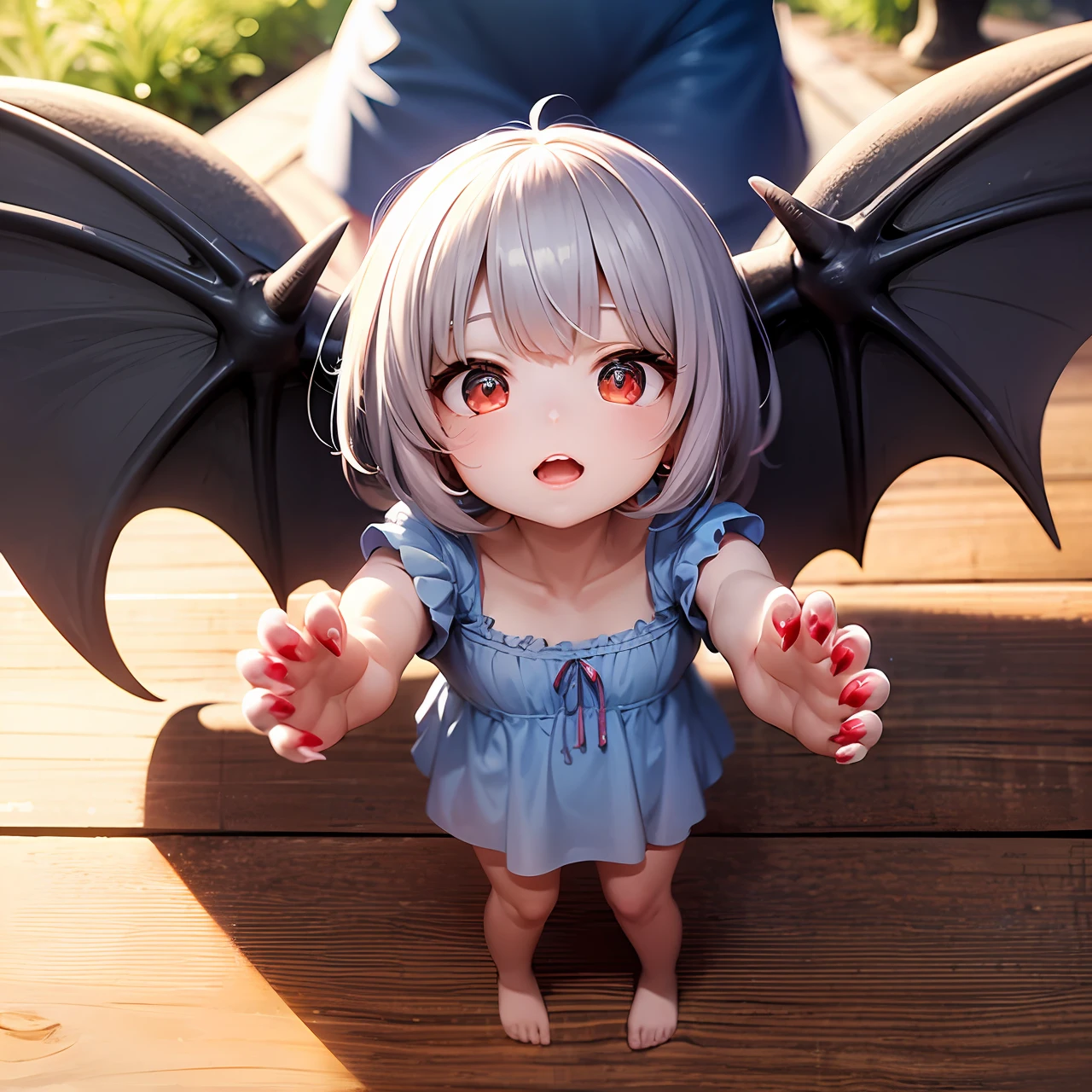 Splash art, cute demon girl, demon wings, cute blue summer dress, showing claw hands pose, with small red claws, (perfect hands), looking to viewer, standing on wooden table, fighting pose, stunning beauty, [[chibi]], close-up, muted colors, deep shadows, trending on Pixiv, 4k