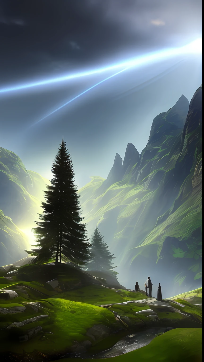 Paisagem realista, bem nitido, 8k, bem definido, montanhas, nuvens, celestial, paraiso, raios de sol, deus