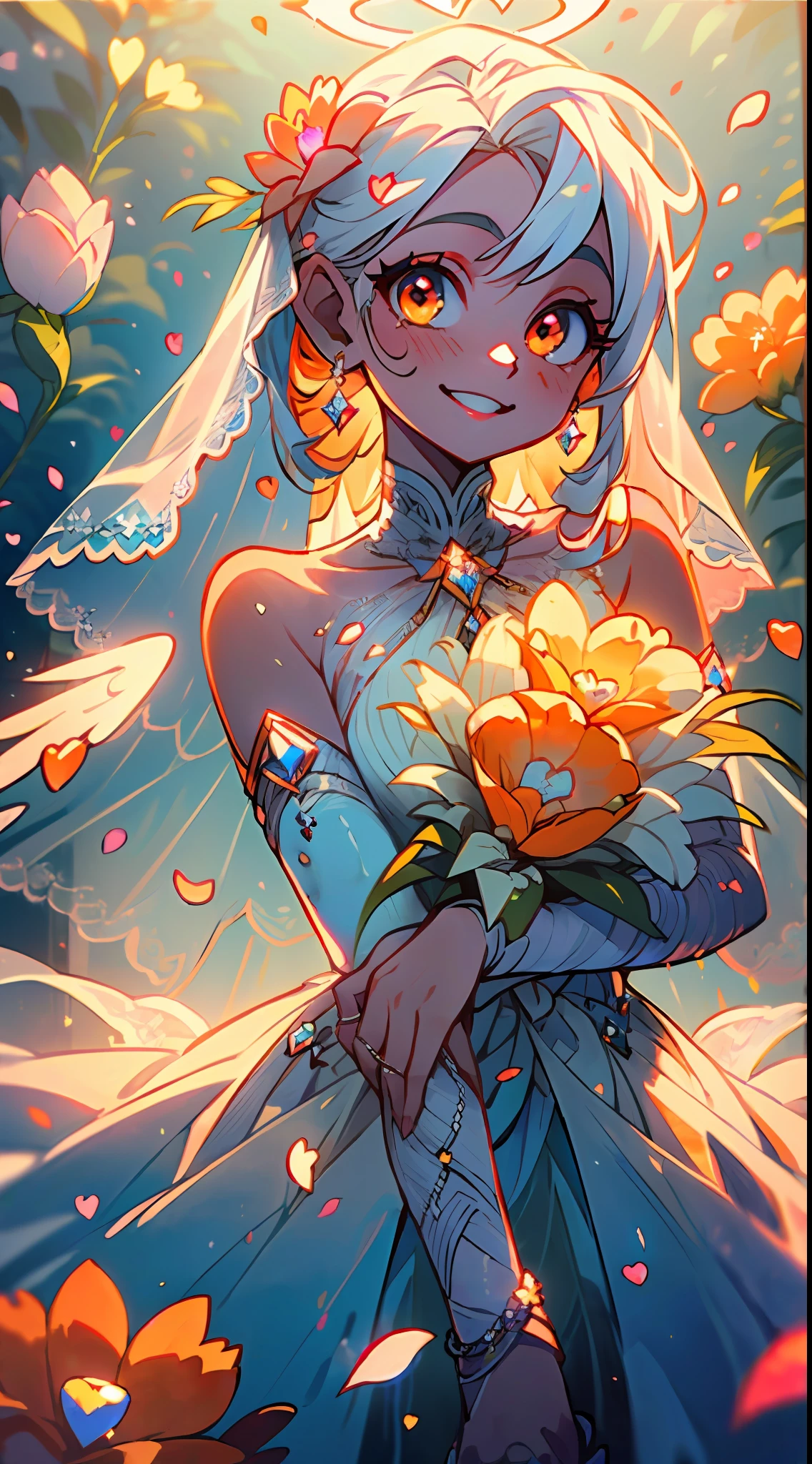 ((wedding)), ((Bride)), ((White Hair)), Orange Pink Eyes, Two-Tone eyes, ((Bridal Outfit), ((Flowers)), ((Petals)), ((Curvy)), ((Elegant)), ((Orange)), ((Crystals)), ((Love, Smile, Hearts)), ((White Brides Dress)), ((Long Hair)), ((Angel, Angelic, Halo)), ((Goddess)), looking at viewer