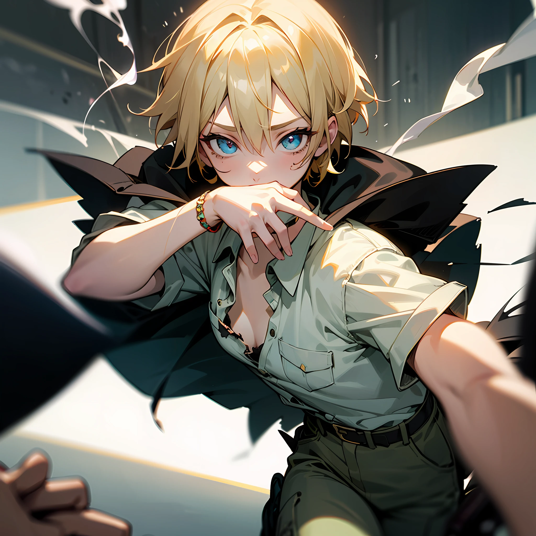 独奏、アニメ、Beautiful colors、a blond、short-hair、babes、独奏, ((very detailed eyes and faces)))),Dynamism、cigarettes、Smoking、revolvers、Handgun、A devastated world、boots、ripped clothing、Camisa blanca、Cargo pants、Resident evil、A bracelet、impurity、blemishes、Cool、ren、Whole human body、In battle --auto