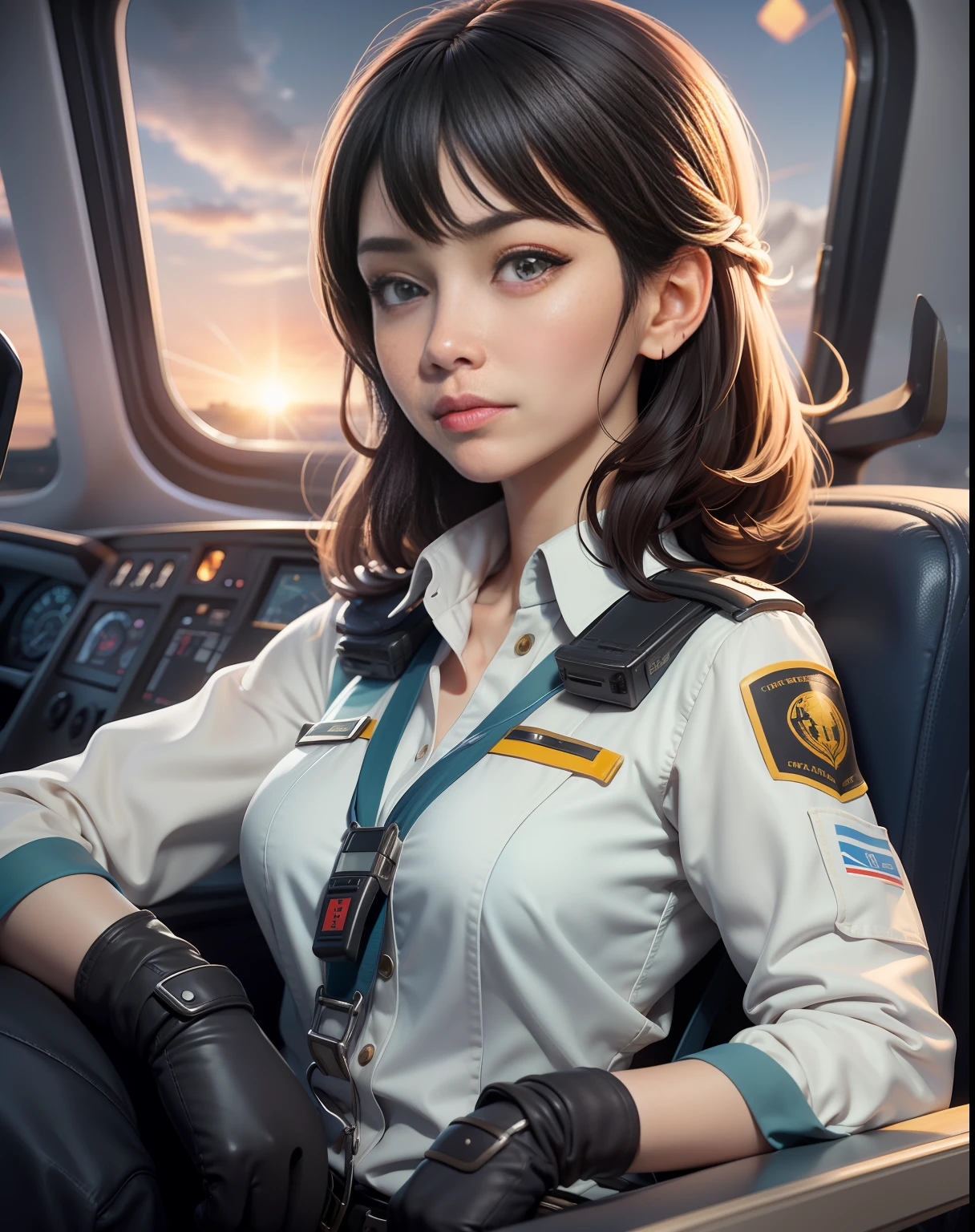 Sitting in the cockpit、Pilot maneuvering an aircraft longitudinally、Pilot uniform、oblique bangs、Medium hair、black har、serious eyes、Soft lighting、bokeh feeling、airport、Camisa blanca、the morning sun、Upper body body、Professionals in snow-white uniforms are visible。 They stared at confident and experienced expressions.、Has an agile and keen eye。Facing aeronautical maps and instruments。 Their attitude is serious and focused.、Feel a sense of responsibility for your duties。They are considerate of the operation of the machine.、Precise instructions are being entered into the control unit。 Hands gripped firmly on throttle levers and sticks、Make subtle movements depending on the situation。The figure of the pilot is calm and calm、Always be aware of your surroundings、Make the decisions you need, quickly。Sometimes you have to make difficult decisions.、First of all, we will act calmly and reliably.。The figure of the pilot is、It is a symbol of aviation professionals with high technology and a sense of responsibility.。 They strive to ensure safe flight、Continue flying with the peace of mind and comfort of passengers in mind