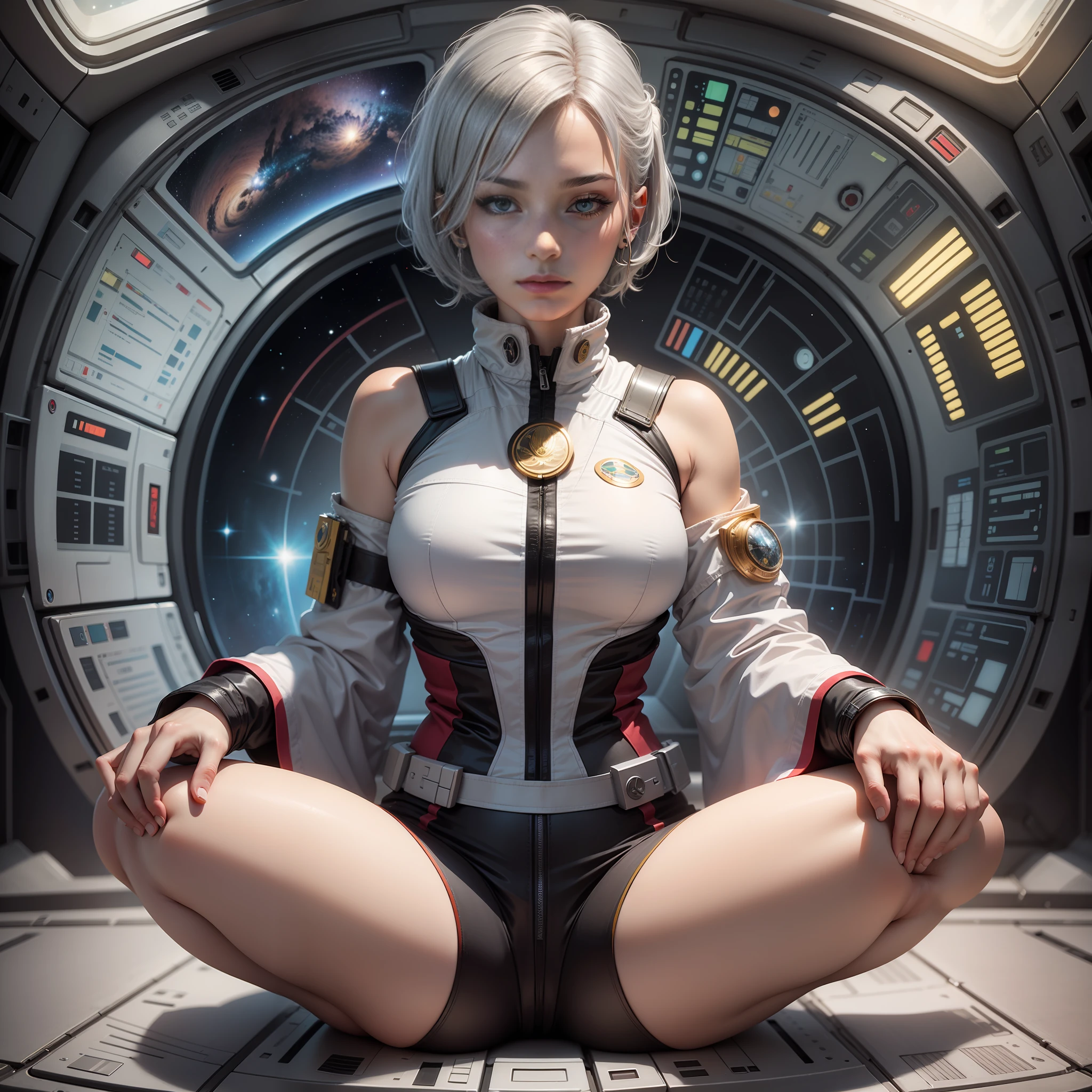 Femme Jedi, 30 ans, short silver hair, Meditating, position du lotus, in a spacecraft in space, plan large