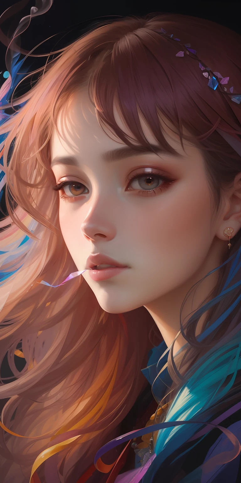 _james jean, floating female figure made of ribbons, smoke, in the sky, colorful and vibrant, mystical colors, contemporary impressionism, yanjun cheng portrait painting, iridescent painting, 3/4 perspective view, cute face, low angle, sweeping circling composition, large beautiful crystal eyes, big irises, UHD, HDR, 8K, (Masterpiece:1. 5), (the most beautiful portrait in the world:1.5)