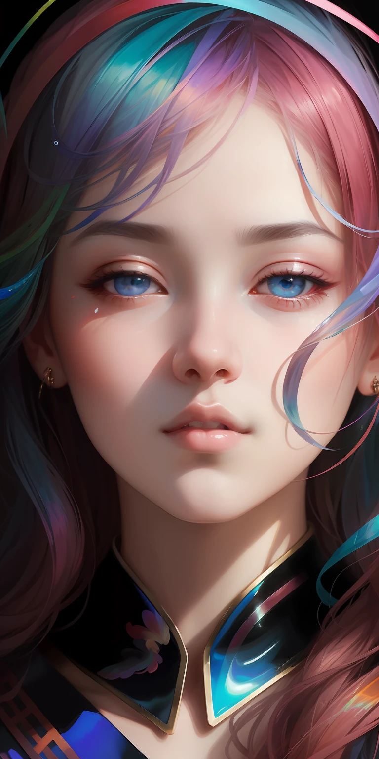 _james jean, floating female figure made of ribbons, smoke, in the sky, colorful and vibrant, mystical colors, contemporary impressionism, yanjun cheng portrait painting, iridescent painting, 3/4 perspective view, cute face, low angle, sweeping circling composition, large beautiful crystal eyes, big irises, UHD, HDR, 8K, (Masterpiece:1. 5), (the most beautiful portrait in the world:1.5)