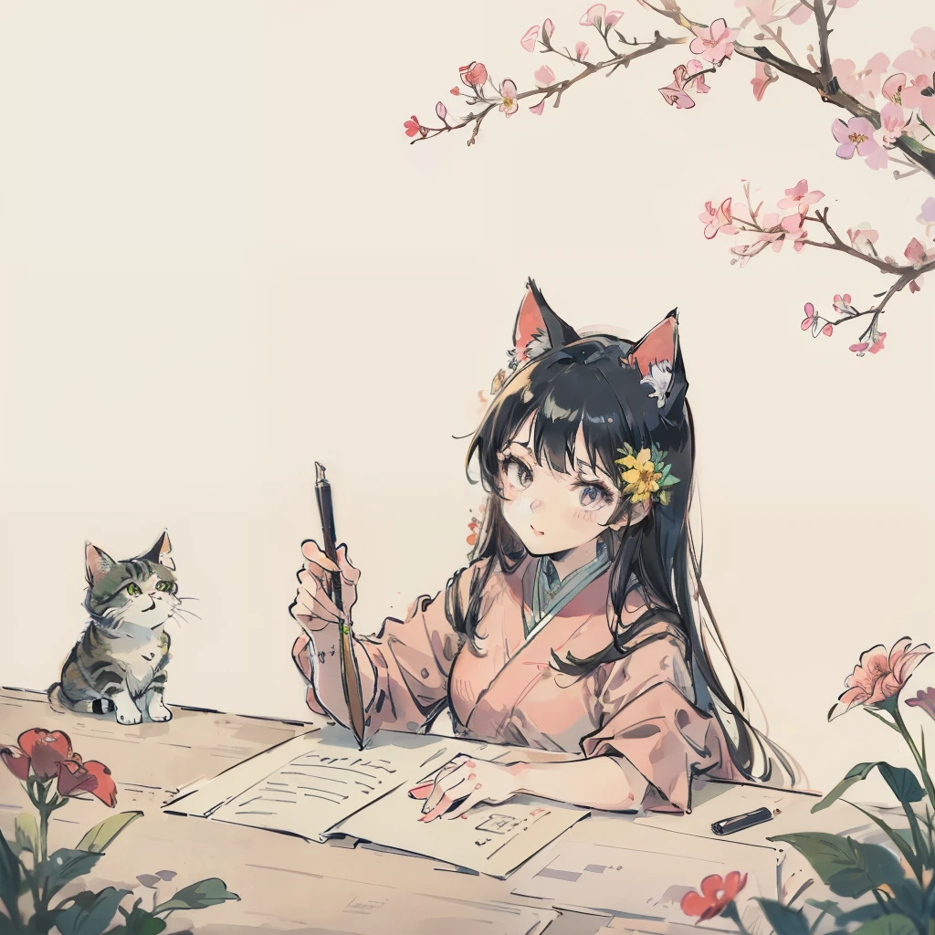 Anime Pictures。Delicate lines。Bright and refreshing shades。Cute cat-eared girl about 18 years old。Deformed illustration。Design composition with the image of colorful flowers。Extremely high quality、high picture quality、Extremely sensitive writing