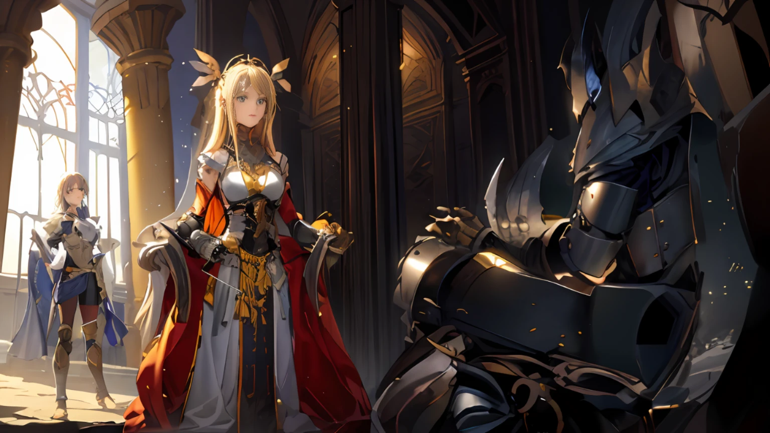 A man in armor sits on a throne of terror and receives two beautiful women in an ancient gloomy hall,