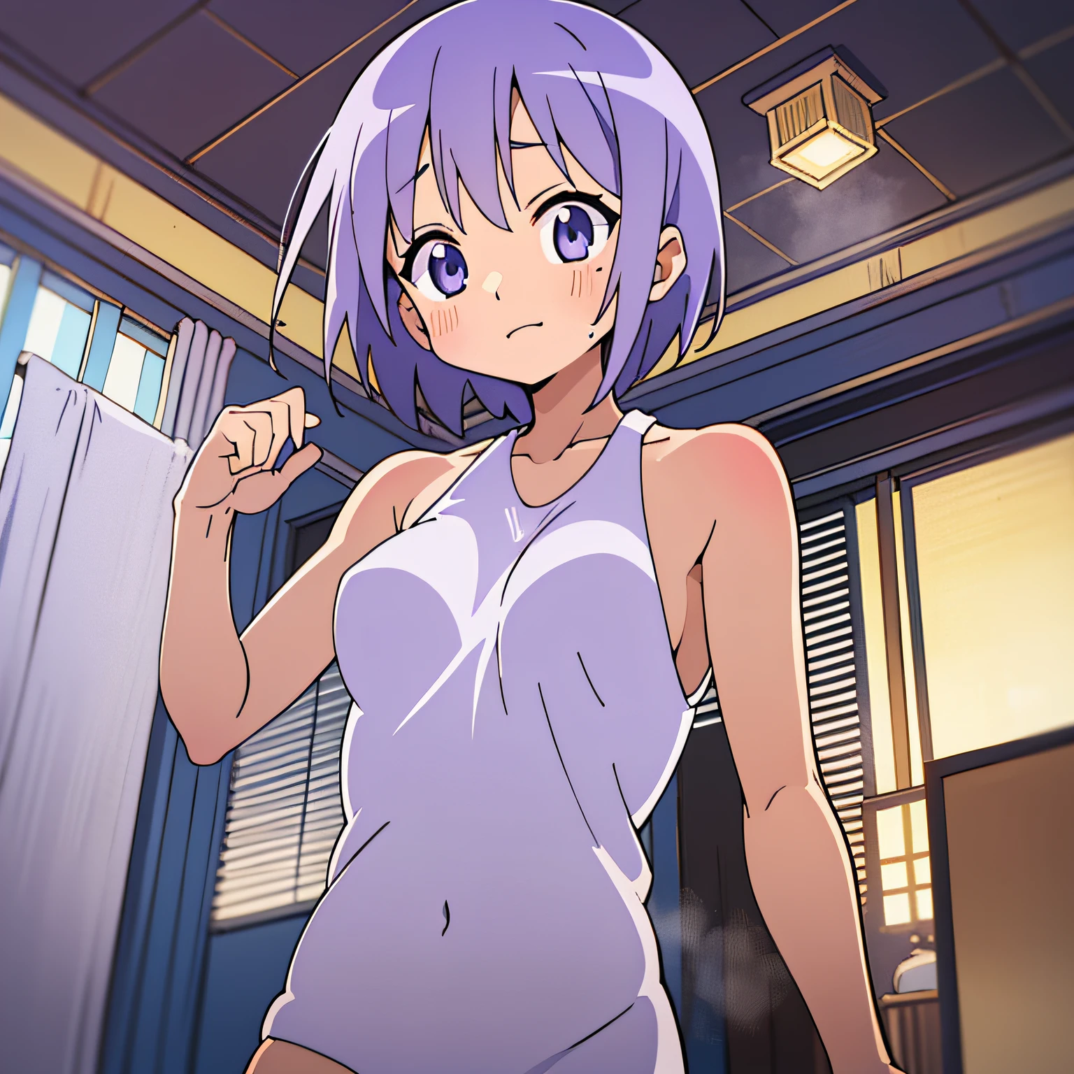 Tsukasa Hiiragi、((school swimsuiti))、nametag、(Sunburn marks)、titts、Lori、flank、{{Wet skin}}、{{Wet clothes}}、(masterspiece)、(best qualitiy)、 (Ultra detailded)、(the best illustration)、Light purple hair、Shorthair、Yellow Ribbon、 looking the viewer,Perfect Body、****、 (Extremely delicate and beautiful)、Fine detail、ryokan、inside room、bathroom、All naked、a towel、Lighting、Hajirai、steam、