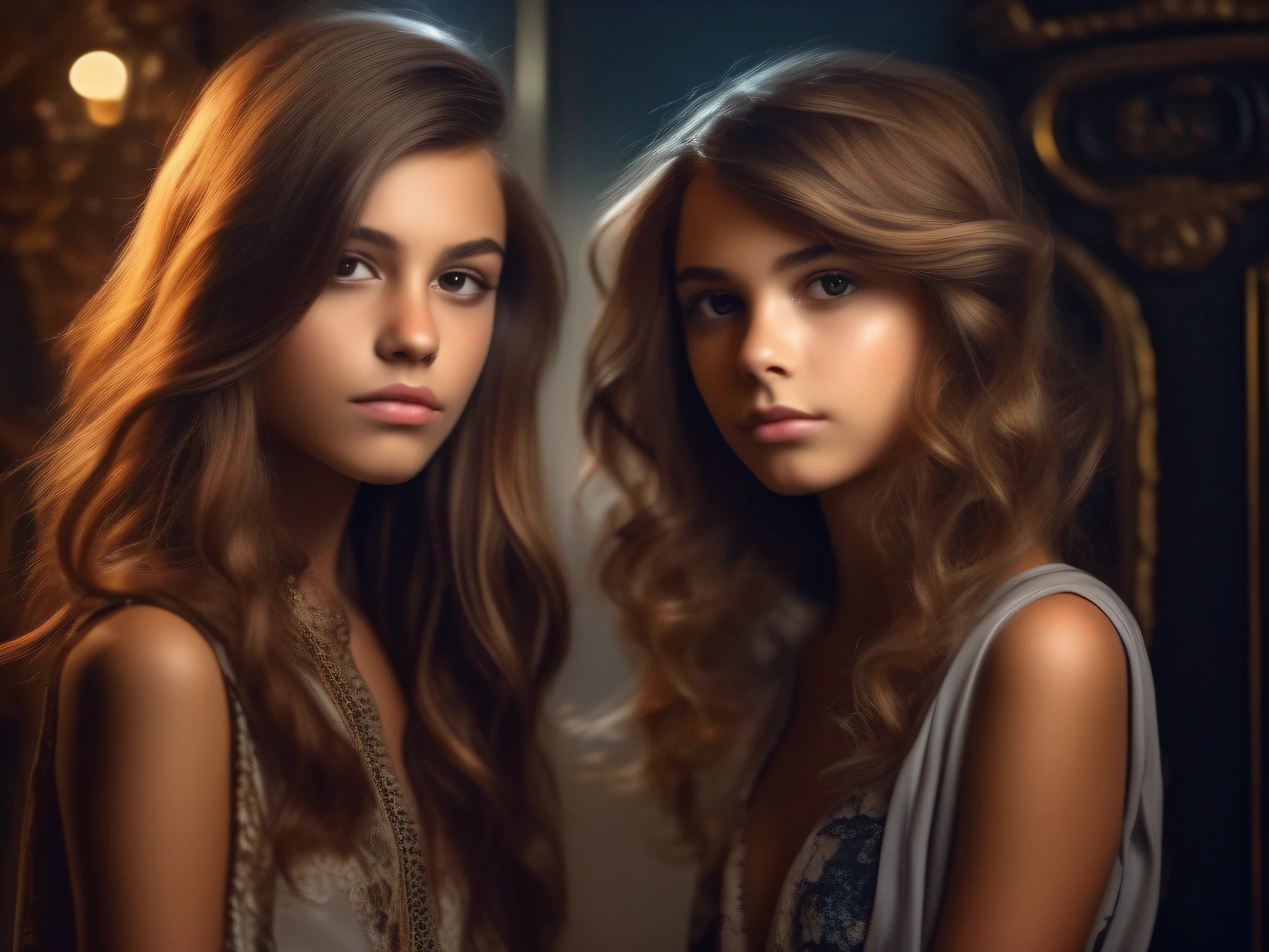 Generar retrato de moda, fashion portrait of a girl girl and boy boy, su maquillaje, cabello, y armario, elegancia, illumination, Medio ambiente,