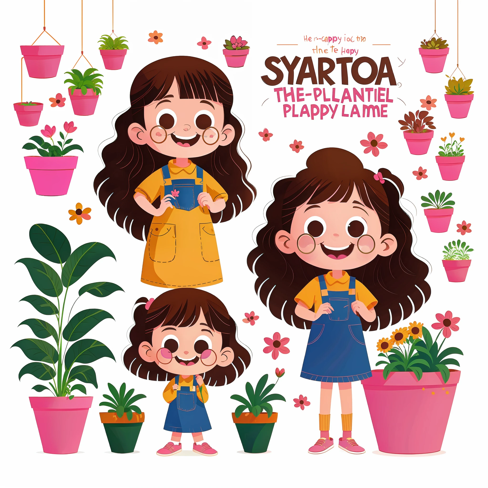 Long-haired girl，Take the potted plant，happy，Pink background，Round logo，vector，line art，designs，Inspiration，straight line，symetrical