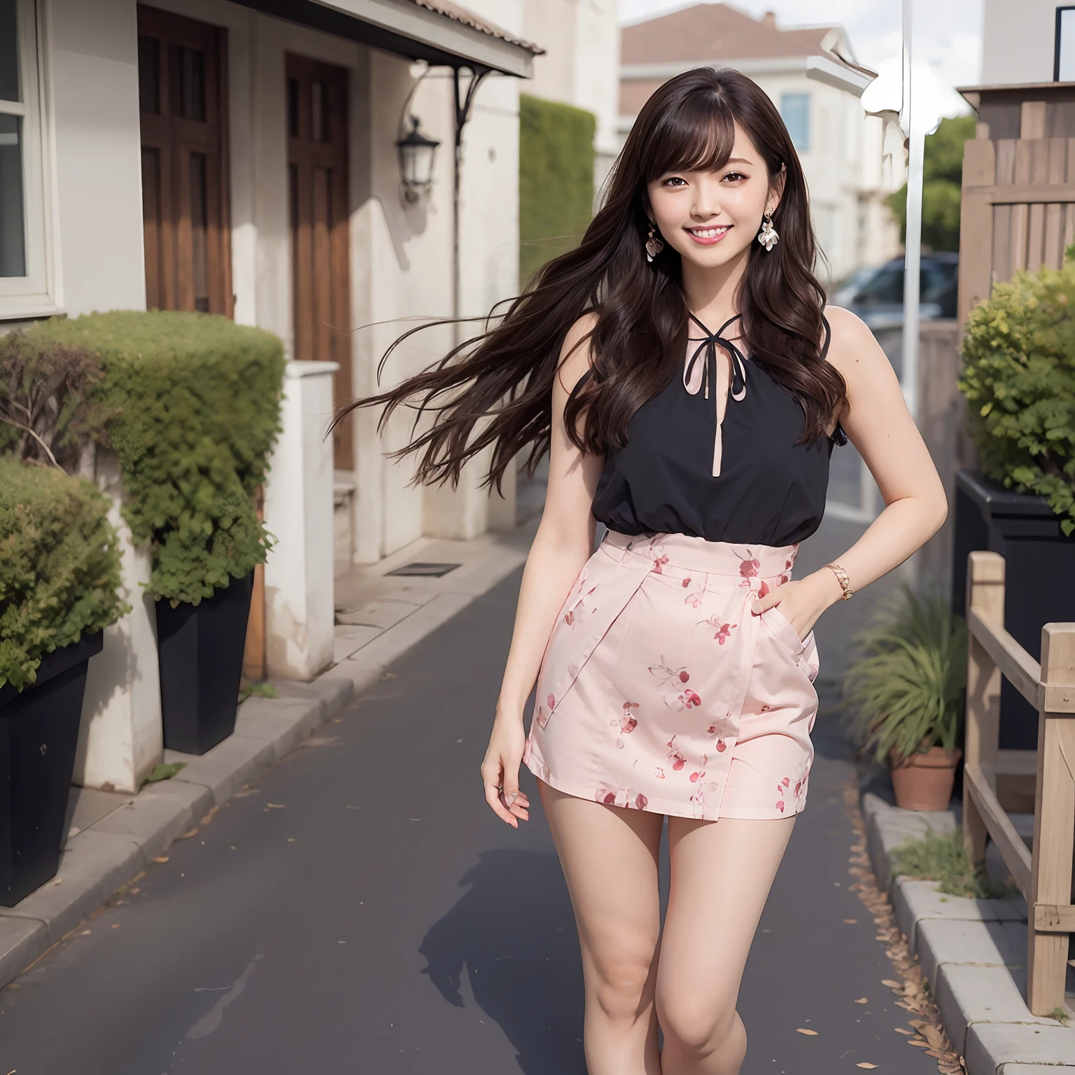 (8k, Best Quality, Masterpiece:1.2), (Realistic, Photorealistic:1.37), Ultra Detailed, Small,One Girl,Cute,Solo,Beautiful Detailed Sky,Date,(Blush),(Smile:1.15),(Closed Mouth)Small Breasts, Delicate Body、Black Eyes、Neat,Beautiful Detailed Eyes,(Long Hair: 1.2),Black Hair,Floating Hair NovaFrogStyle,Full body, Thin legs, see-through, Sleeveless blouse