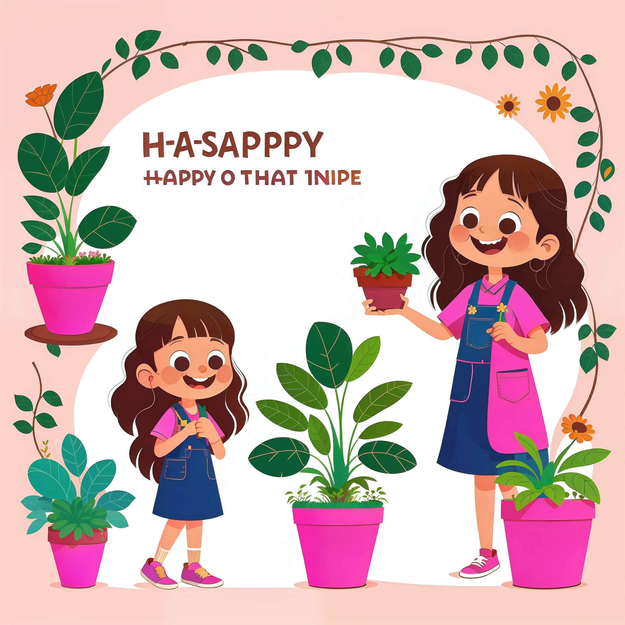 Long-haired girl,Take the potted plant,happy,Pink background,Round logo,vector,line art,designs,Inspiration,straight line,symetrical