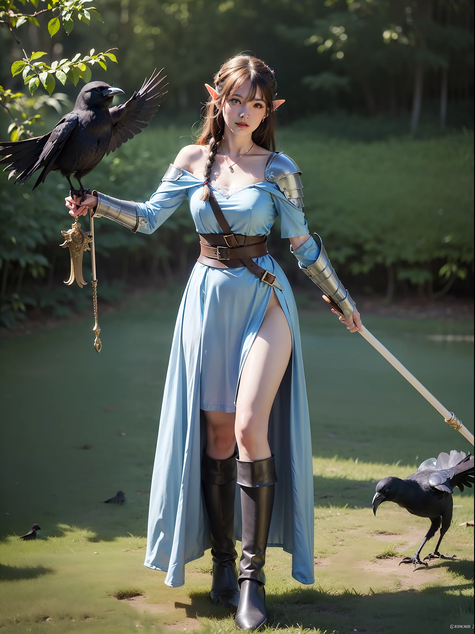 Best quality, masterpiece, ultra high res, (photorealistic:1.4), raw photo, 1girl, offshoulder, in the dark, deep shadow, low key, cold light, green eyes, elf ears, very long hair, bangs, leather fantasy clothes, elf girl, big bust, cute face, full body, medieval , (((full body))), silver details, medieval clothes, detailed face, boots, (((magic staff))), beltt, bracelets, (((shoulder armor))), elegant, (((furr))), (((crow))), braided hair, silver ornaments, (((perfect face)))