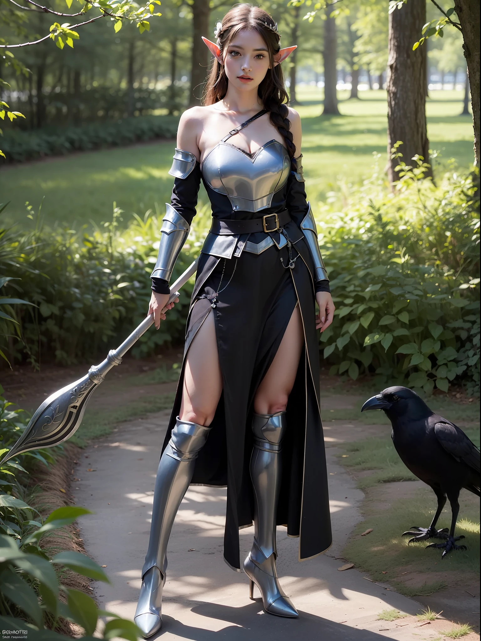 Best quality, masterpiece, ultra high res, (photorealistic:1.4), raw photo, 1girl, offshoulder, in the dark, deep shadow, low key, cold light, green eyes, elf ears, very long hair, bangs, leather fantasy clothes, elf girl, big bust, cute face, full body, medieval , (((full body))), silver details, medieval clothes, detailed face, boots, (((magic staff))), beltt, bracelets, (((shoulder armor))), elegant, (((furr))), (((crow))), braided hair, silver ornaments, (((perfect face)))