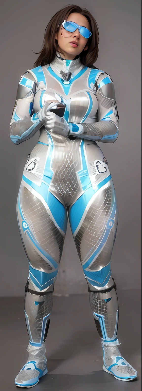 Realistic portrait of a woman in a silver and blue suit with a blue mask, thick smooth warframe thighs, Peau de science-fiction, Costume holographique, thick smooth warframe legs, Costume Varia Bioorganic de Samus Aran, thick warframe legs, cyber suit, energetic varia suit, Cybersuit, Cybercombinaisons, Tenue futuriste, Costume SCI - FI,