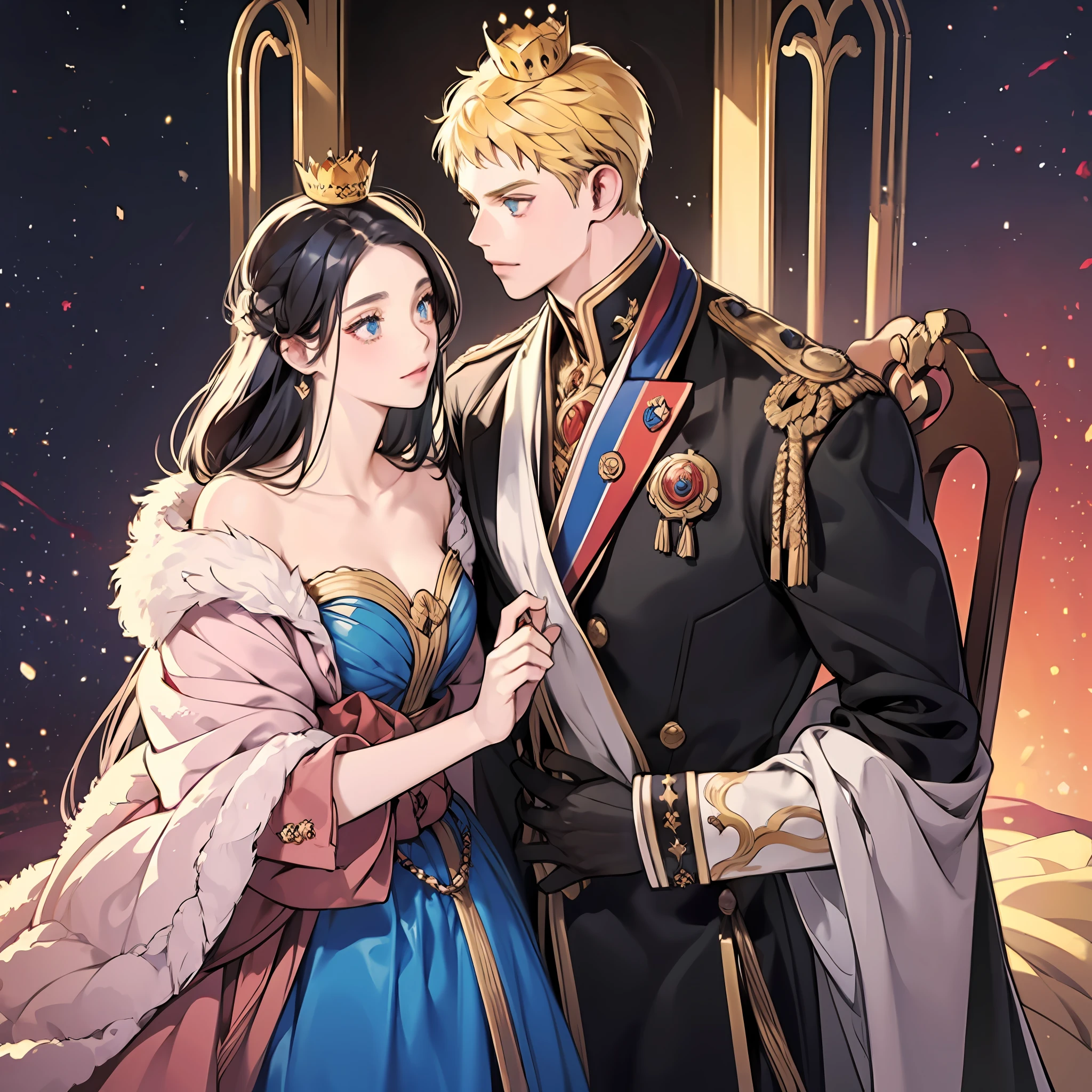 blonde man, dark blue hair girl, naruhina, throne, masterpiece, couple, standing, royalti, nobility, (((crowns))), king, queen, looking into each other eyes, romantic