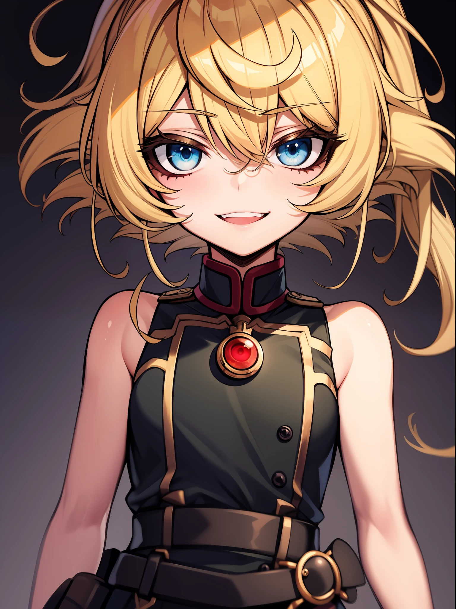 tanya degurechaff, uniforne miitar, sorriso maligno, pequena estatura, olhos assassinos, psychotic eyes