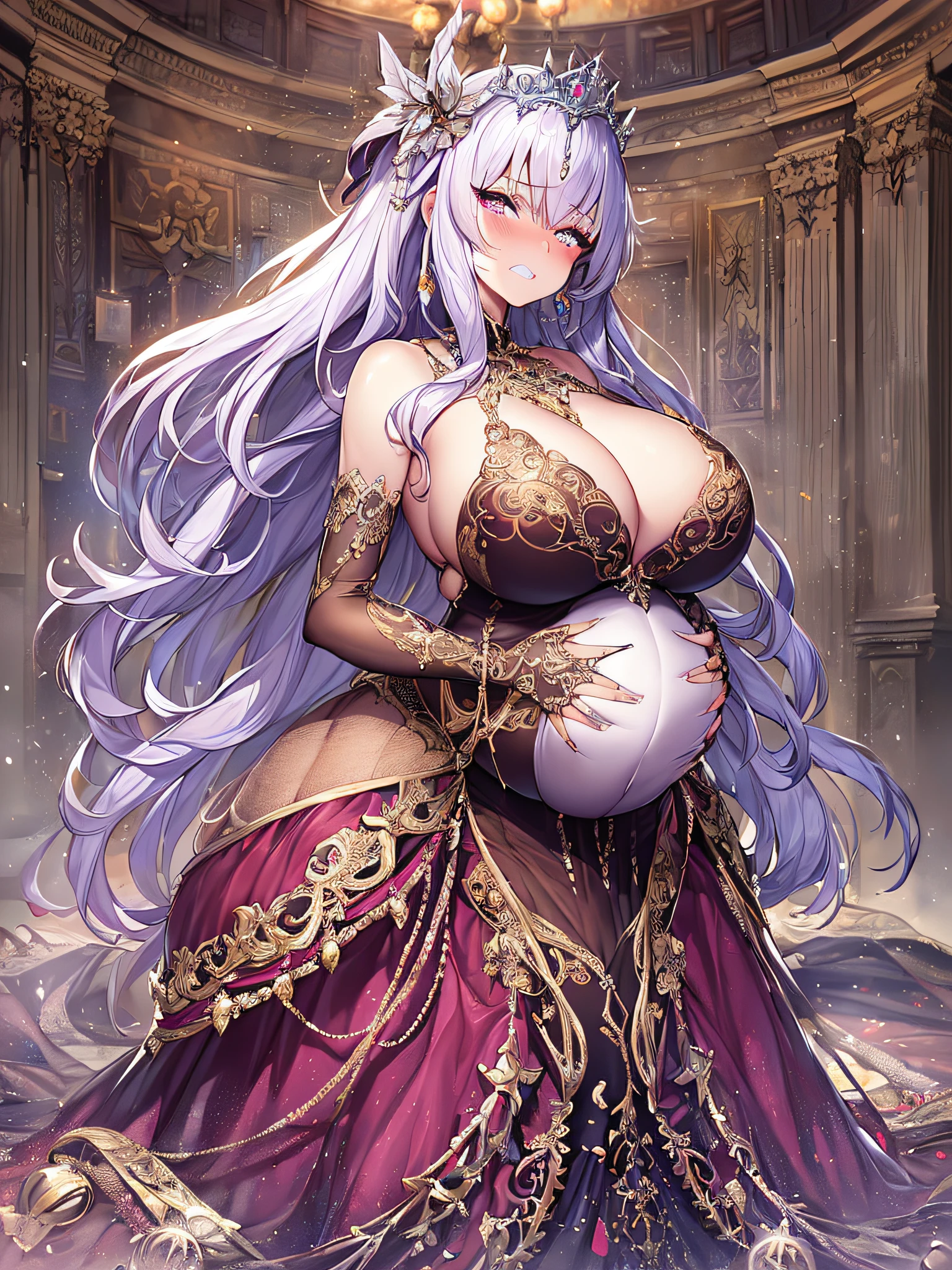 ((anime artstyle)),(Masterpiece),(Best Quality), (Super Detail),((Very Delicate and Beautiful)),Focus on character,Dynamic Angle,Looking at viewer,((Solo)),standing,(((full body))),(((one evil pregnant princess in gorgeous ball gown with voluminous skirt))),detailed face and eyes,((heavily pregnant)),((clenched teeth,blush)),embarrassed,jewel-like eyes,((Very Long voluminous Hair)),gorgeous embroidery and lace,See-through,ornate ruffles,Gorgeous jewelry ornaments,luxury hair ornament,luxury and evil tiara with jewels,(gigantic breasts,Long breasts),full body,(((evil and dark atmosphere))),full body,heavily pregnant,(inside of prison),jeweled evil ball gown,(((gorgeous ball gown with voluminous skirt)))