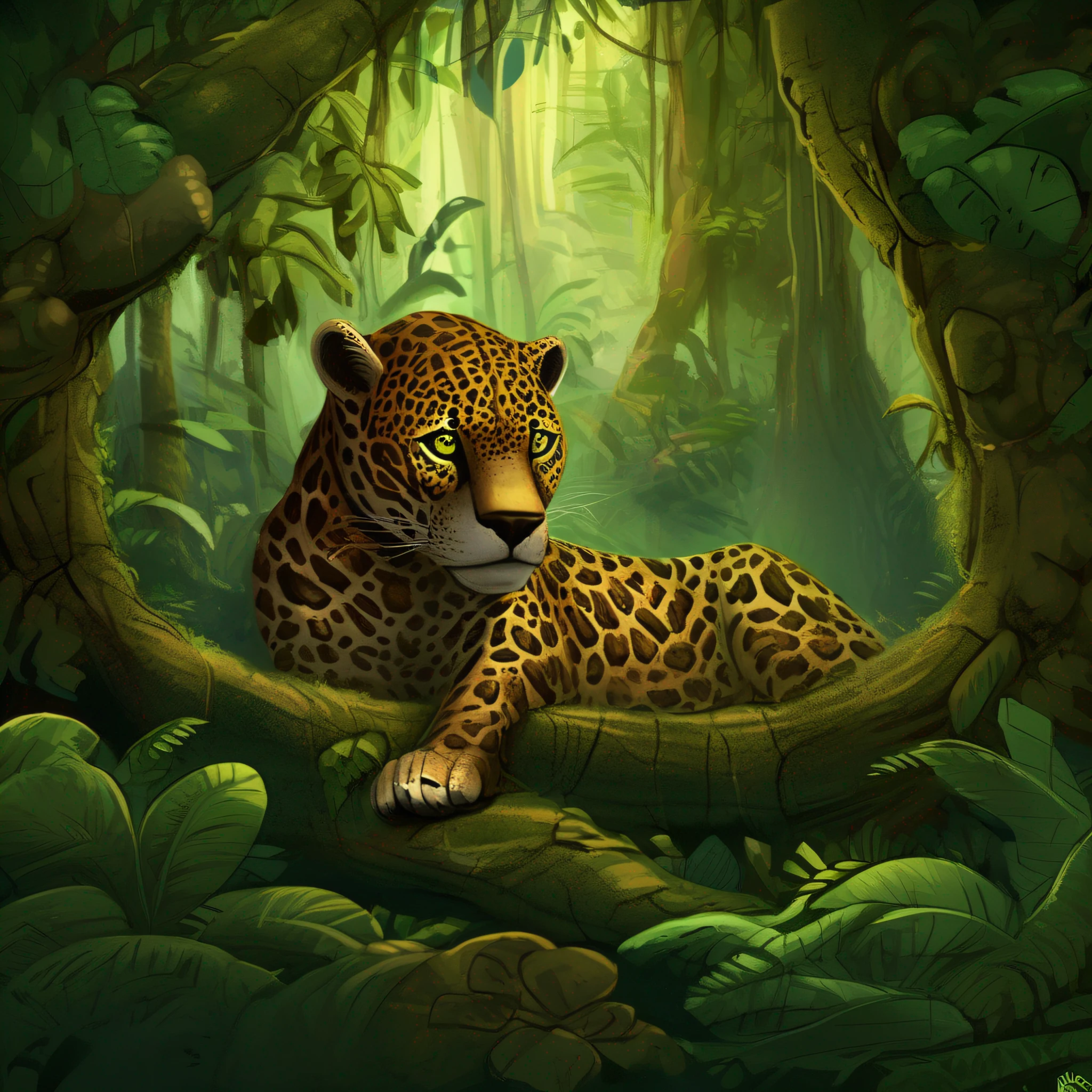 "Guardians of the Forest" Prompt: Este desenho digital retrata um majestoso jaguar, The guardian of the Amazon rainforest. Com suas manchas marcantes e olhos penetrantes, The jaguar reminds us of the importance of preserving the habitat of these amazing animals and the diversity of life in the forest.