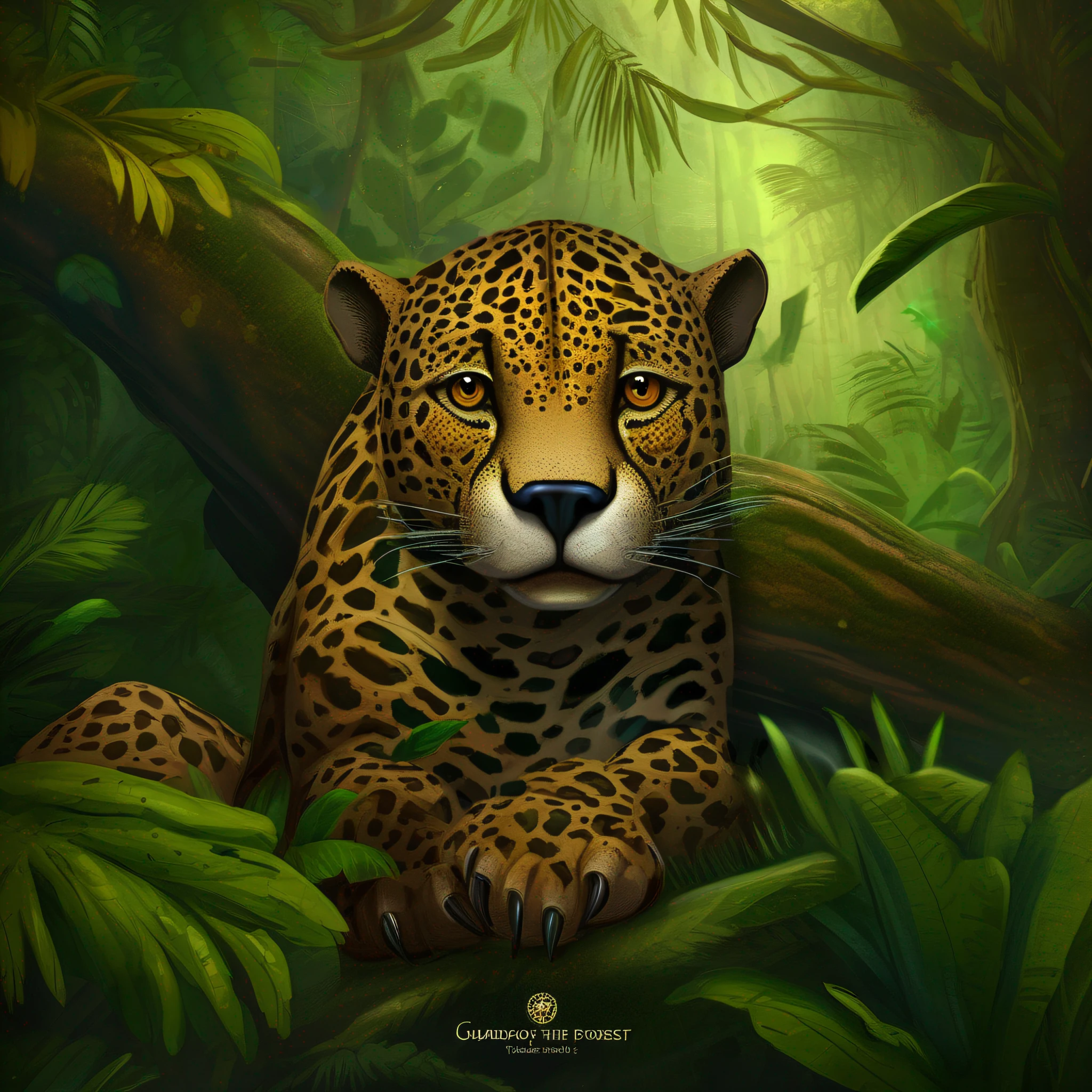 "Guardians of the Forest" Prompt: Este desenho digital retrata um majestoso jaguar, The guardian of the Amazon rainforest. Com suas manchas marcantes e olhos penetrantes, The jaguar reminds us of the importance of preserving the habitat of these amazing animals and the diversity of life in the forest.