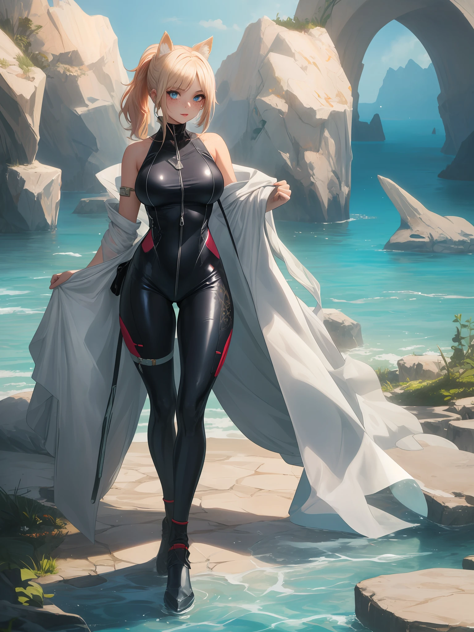 ((fantasy style:1.4)),(anime,8k,masterpiece, top quality, best quality,beautiful and aesthetic:1.2,professional illustrasion:1.1,ultra detail:1.3,perfect lighting),extremely detailed,highest detailed, absurdres , highres, ultra detailed,intricate:1.6,A girl swimming in the crystal clear sea,colorful:1.4,full body,(girl),(Three kingdoms female warload),(highly detailed beautiful face and eyes,firm breasts),oily skin,((white ,hair,chin-length bob with short pony tail hair)),cute,lovely,swim suit,body suit,Full body rubber suit, cat ears, blue eyes, freckles. big lips, unzipped