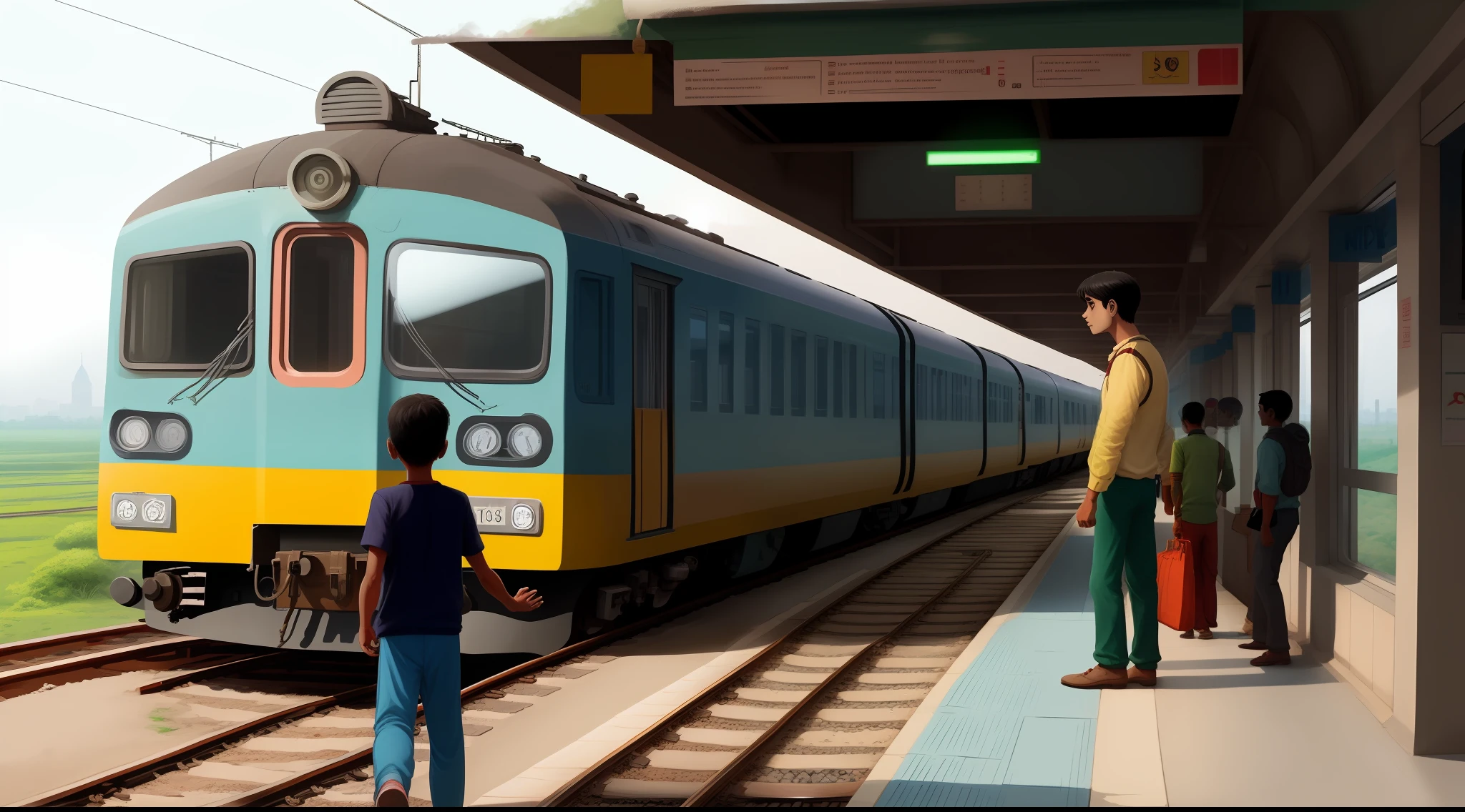 A boy and man in railway station in village in cartoon
