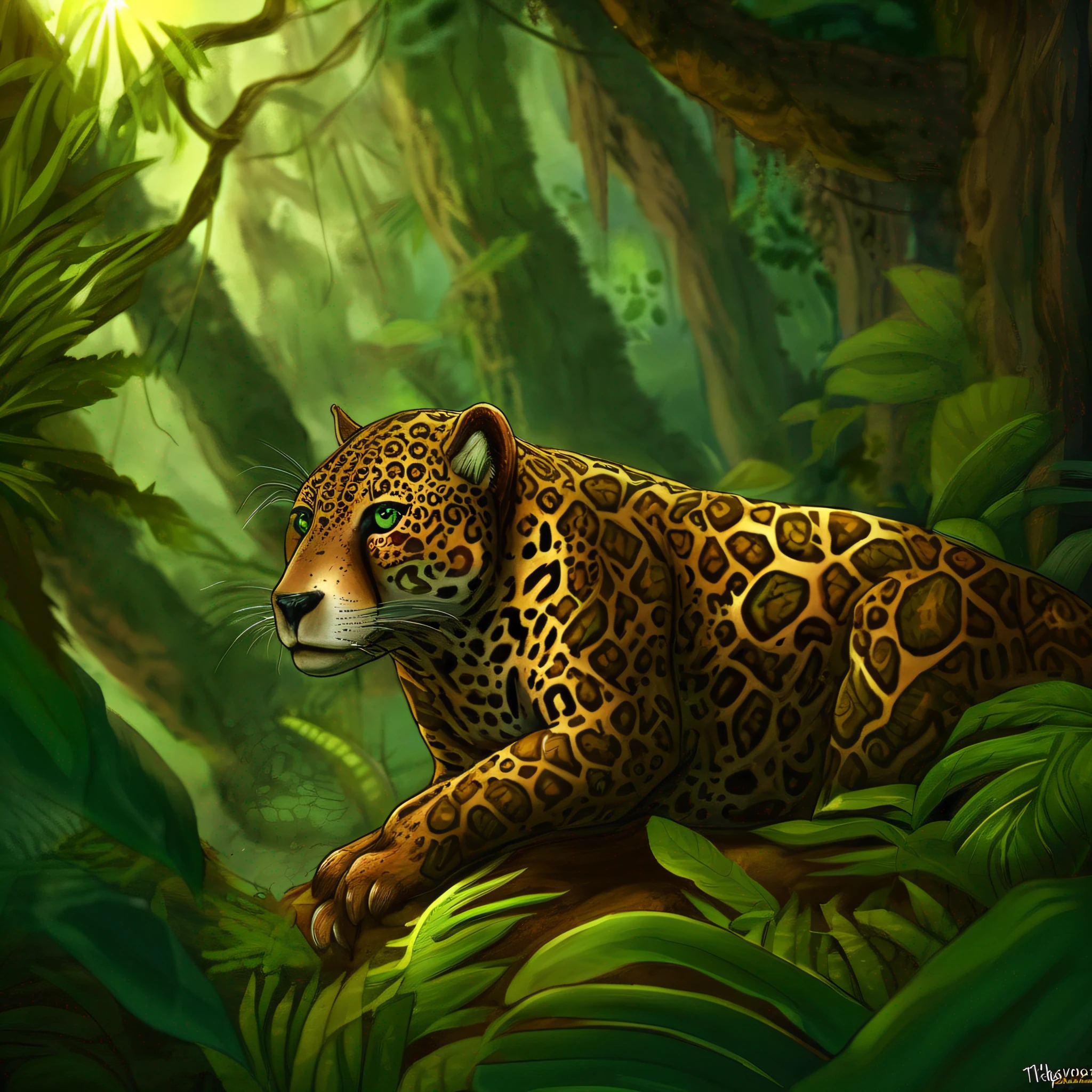 "Guardians of the Forest" Prompt: Este desenho digital retrata um majestoso jaguar, The guardian of the Amazon rainforest. Com suas manchas marcantes e olhos penetrantes, The jaguar reminds us of the importance of preserving the habitat of these amazing animals and the diversity of life in the forest.