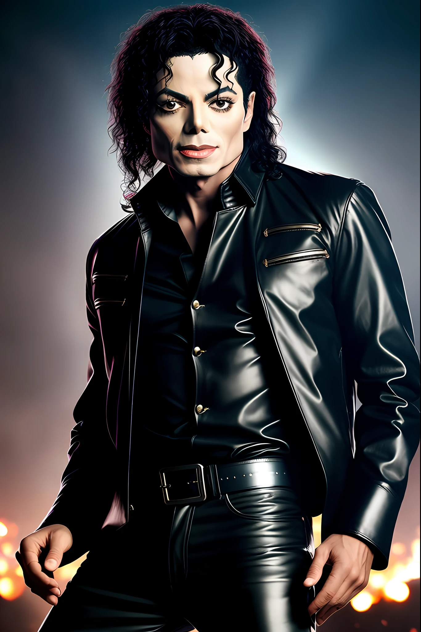 "estrella de rock, Michael Jackson, nervioso, pose genial, chaqueta de cuero, Gafas de sol, Cabello largo, brillar, Escenario de conciertos, live performance, electric guitar"