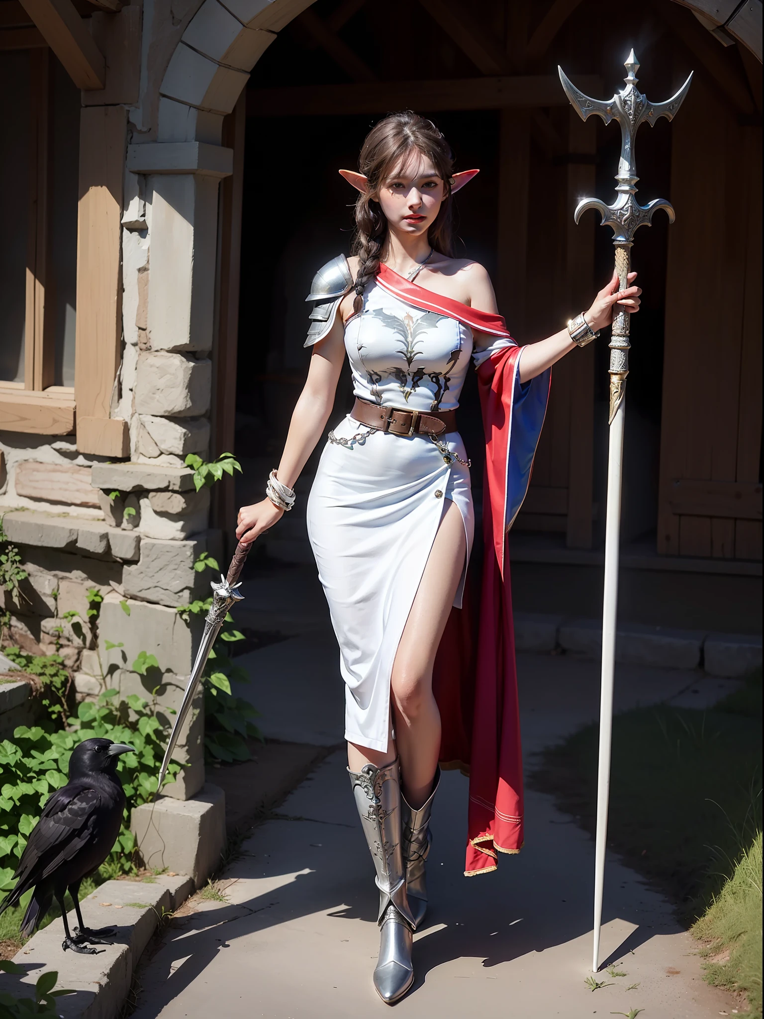 Best quality, masterpiece, ultra high res, (photorealistic:1.4), raw photo, 1girl, offshoulder, in the dark, deep shadow, low key, cold light, green eyes, elf ears, very long hair, bangs, leather fantasy clothes, elf girl, big bust, cute face, full body, medieval , (((full body))), silver details, medieval clothes, detailed face, boots, (((magic staff))), beltt, bracelets, (((shoulder armor))), elegant, (((furr))), (((crow))), braided hair, silver ornaments, (((perfect face)))