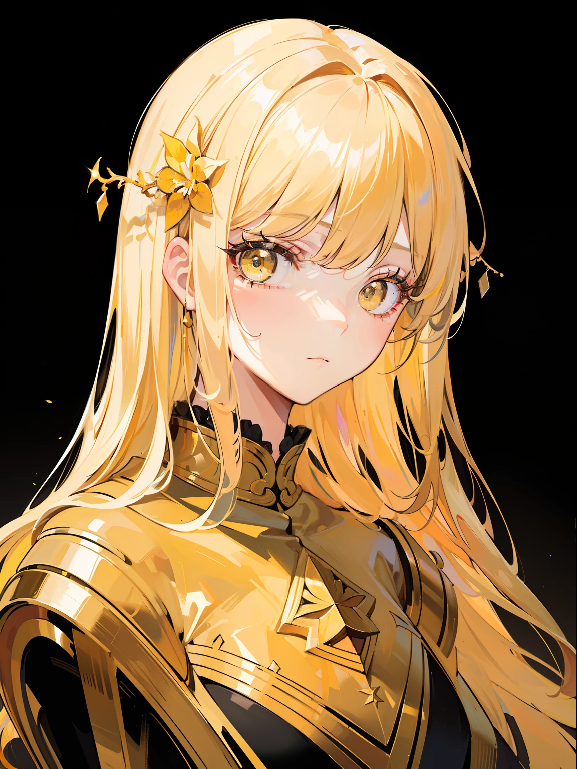 (Gustav Klimt style:1.05), ((masterpiece)), (((best quality))), (illustration | simple lighting), intricate, 8k, HD, FXAA, (absurdres), (simple shadows), ((simple shading)), (golden hair | long hair | hair ornaments), ((lifeless look, empty look)), yellow eyes, (yellow eyelashes:1.0), (colored eyelashes), (long yellow dress:0.9)
