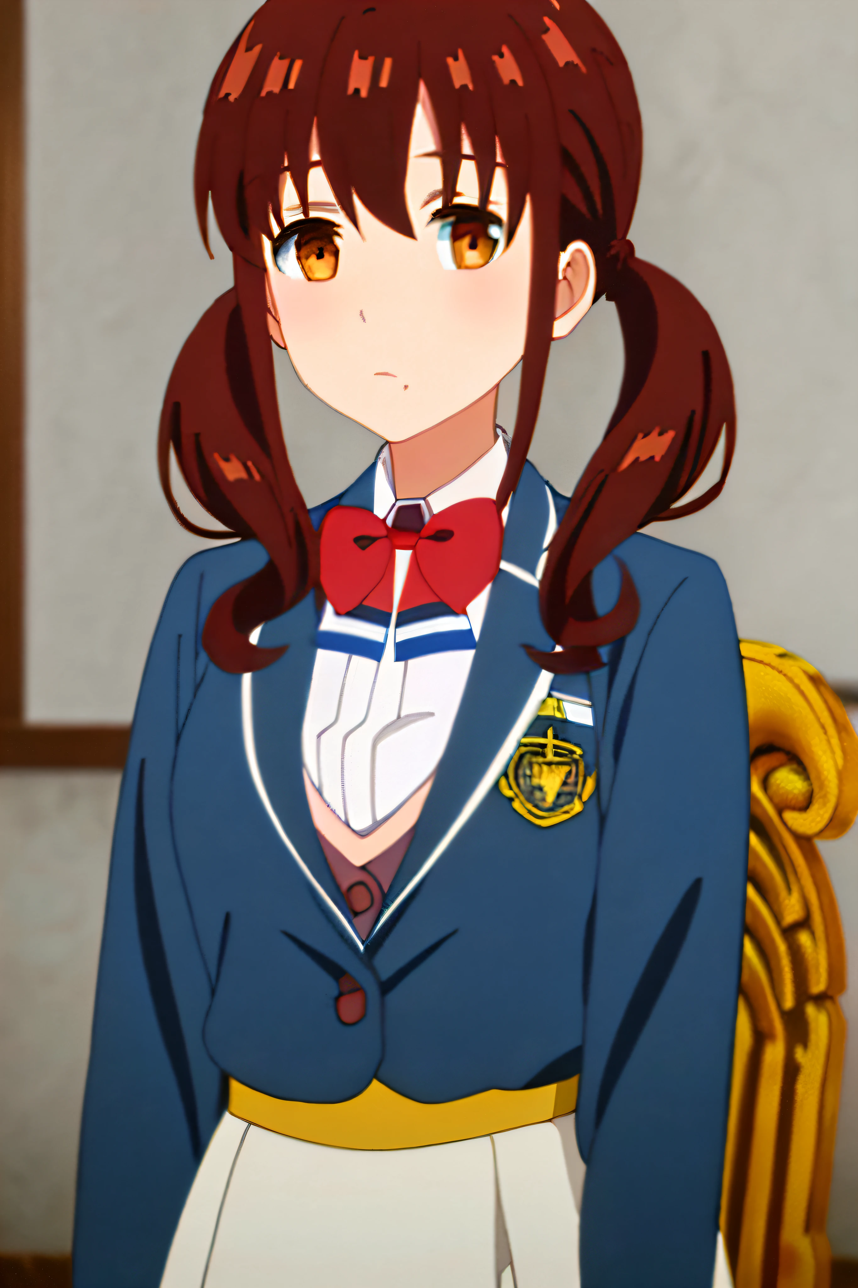 (masterpiece:1.6, best quality), (finely detailed beautiful eyes: 1.2), ph_katou, katouhdshort, 1girl, phground, , solo, brown hair, school uniform, brown eyes, ponytail, short hair, bangs, smile, collarbone, serafuku, sailor collar, long sleeves, indoors, closed mouth, ribbon,