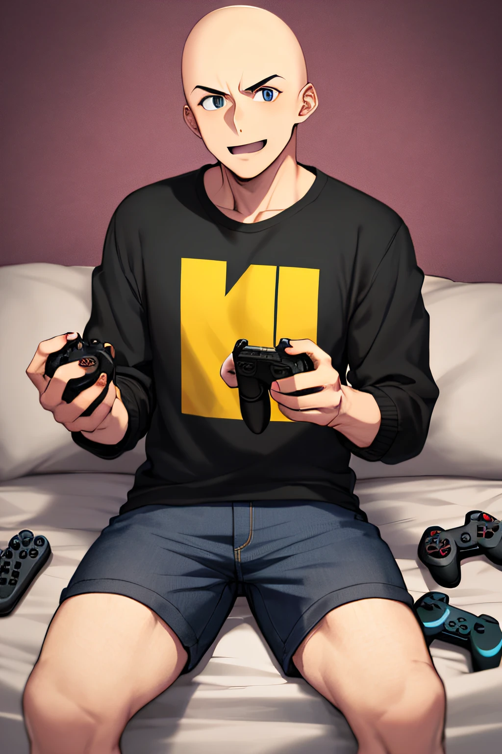 one boy, bald, careca, adulto, careca, moletom laranja, usando moletom laranja, sobrepeso, boca fechada, Video game controller in hand, sentado, olhando no visualizador, Foco masculino, linhas de movimento, divertido, sem cabelo, sem cabelo, barba fina, gordura, acima do peso, segurando o controlador de videogame, estilo anime