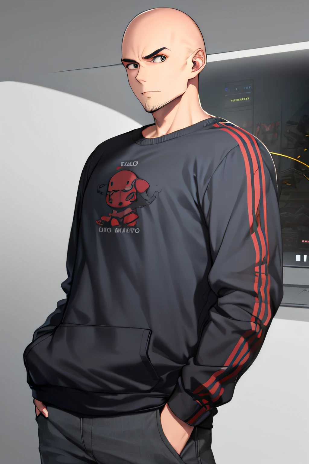one boy, bald, careca, adulto, careca, moletom laranja, usando moletom laranja, sobrepeso, boca fechada, Video game controller in hand, sentado, olhando no visualizador, Foco masculino, linhas de movimento, divertido, sem cabelo, sem cabelo, barba fina, gordura, acima do peso, segurando o controlador de videogame, estilo anime