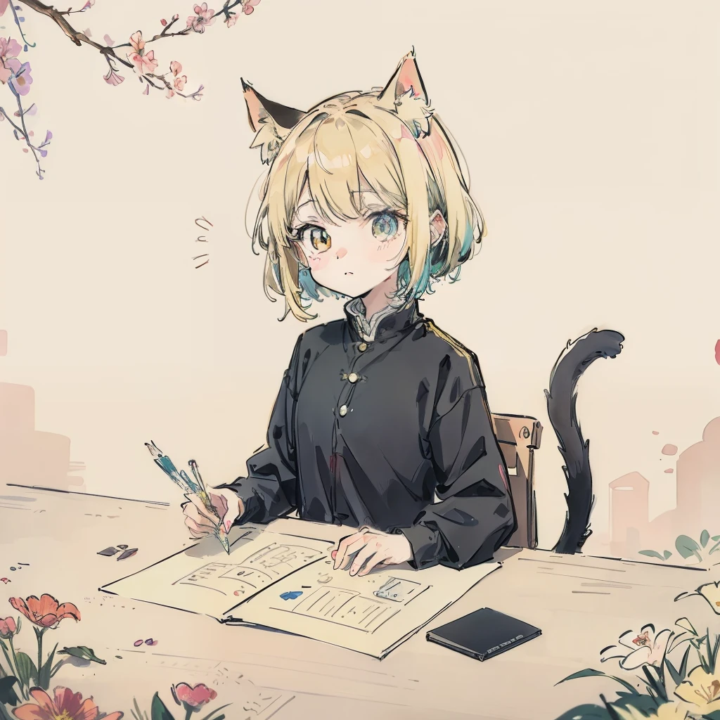 Anime Pictures。Delicate lines。Bright and refreshing shades。Cute cat-eared girl about 18 years old。Deformed illustration。Design composition with the image of colorful flowers。Extremely high quality、high picture quality、Extremely sensitive writing