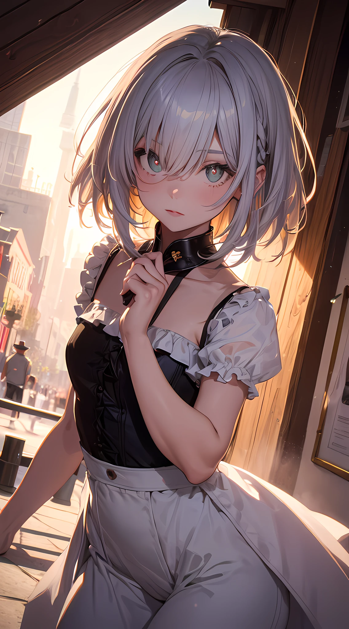 (gradient hair, dutch angle:1.3), film grain, chromatic aberration, city centre, masterpiece, best quality, raw photo, photorealistic, absurdres, 1girl, cute, perspective, cowboy shot, highres, ultra detailed, finely detail, detailed eyes and face, sharp pupils, realistic pupils, sharp focus, summer, night,
