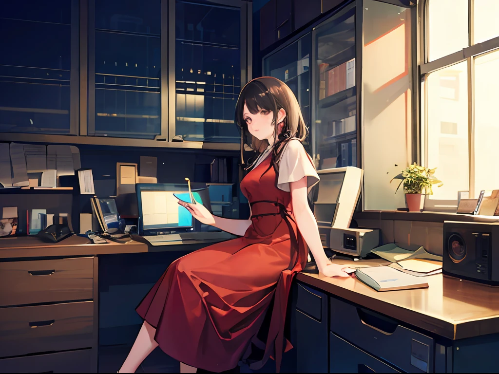 Dilit archive room, Many old data cabinets, A beautiful woman in a red dress sits on the table, a desk,A computer --auto