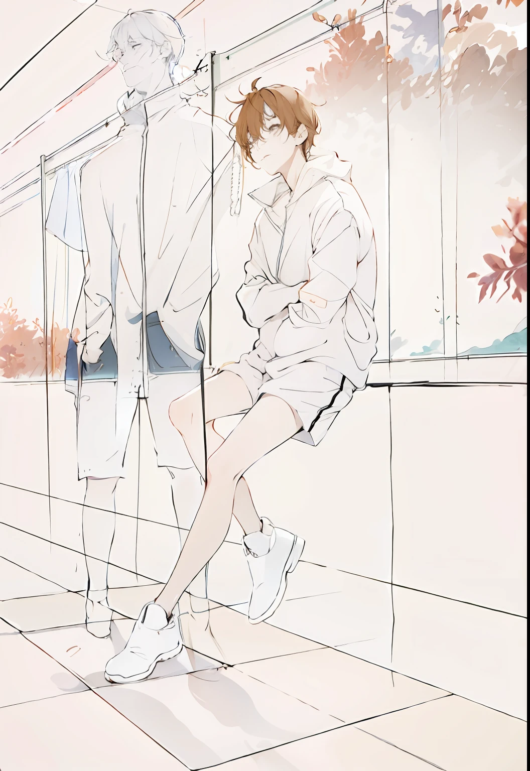 An animated cartoon of a man leaning against a hallway wall, blurry and dreamy illustration, blurry and dreamy illustration, Line sketch, author:Middle Bokuhn, line art illustration, thin line art, one line art, outlined art, drawn with photoshop, urban girl fanart, intense line art, inspired by jeonseok lee, Line sketch!!, illustration line art style,Next to him was another boy with blond hair,Wear sportswear,Looking at the meat powder hair boy