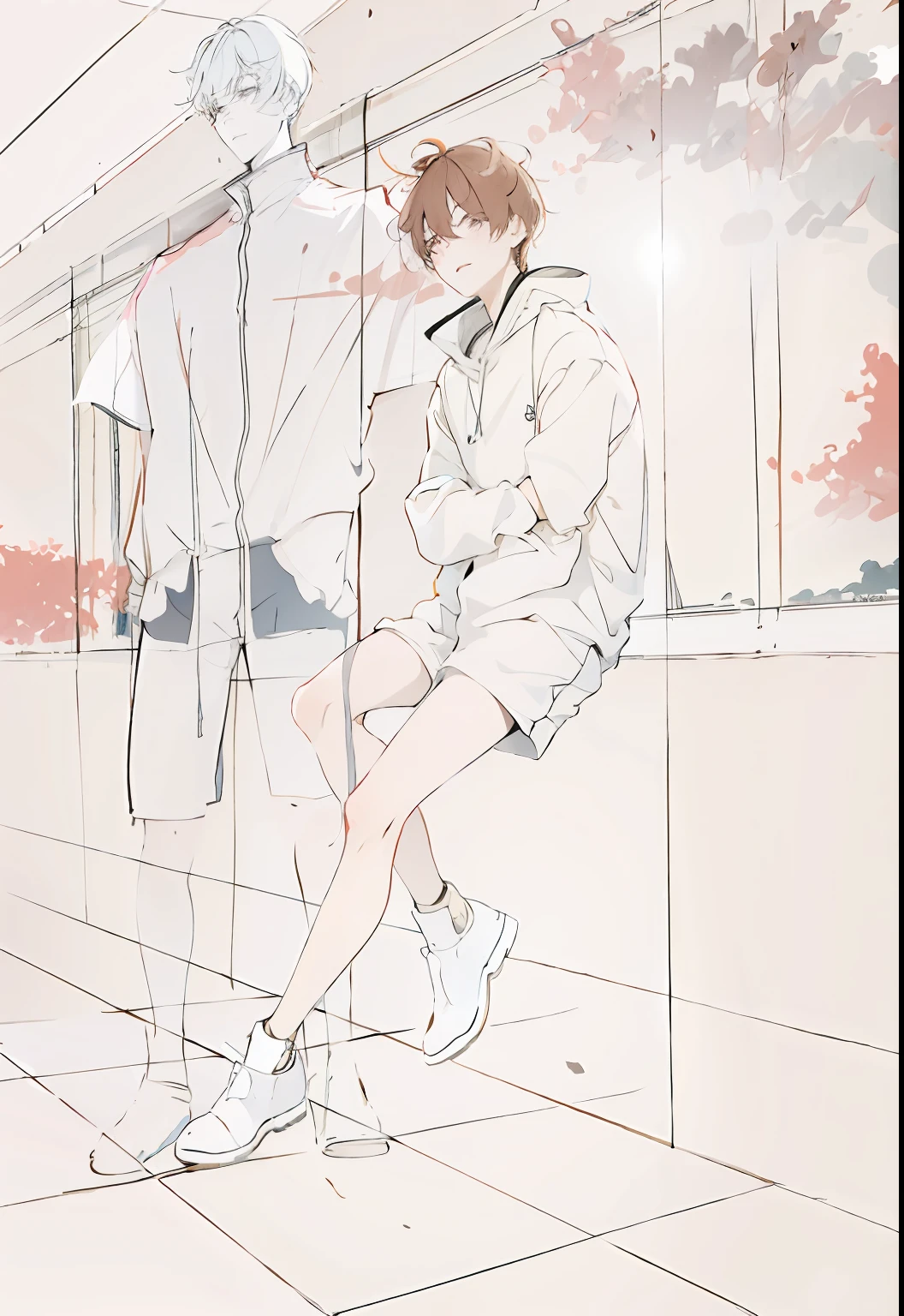 An animated cartoon of a man leaning against a hallway wall, blurry and dreamy illustration, blurry and dreamy illustration, Line sketch, author:Middle Bokuhn, line art illustration, thin line art, one line art, outlined art, drawn with photoshop, urban girl fanart, intense line art, inspired by jeonseok lee, Line sketch!!, illustration line art style,Next to him was another boy with blond hair,Wear sportswear,Looking at the meat powder hair boy